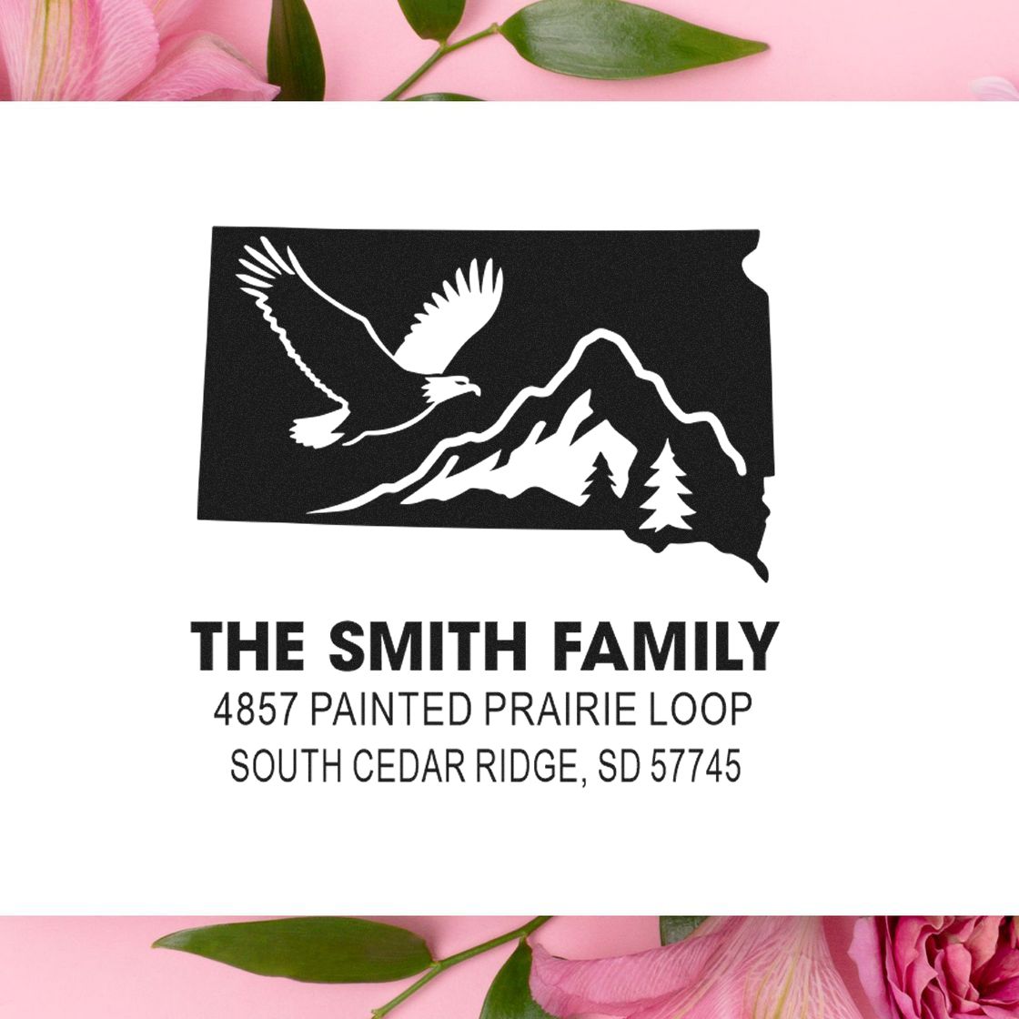 Personalized Smith family return address rubber stamp with South Dakota outline, eagle, mountains, and custom address.