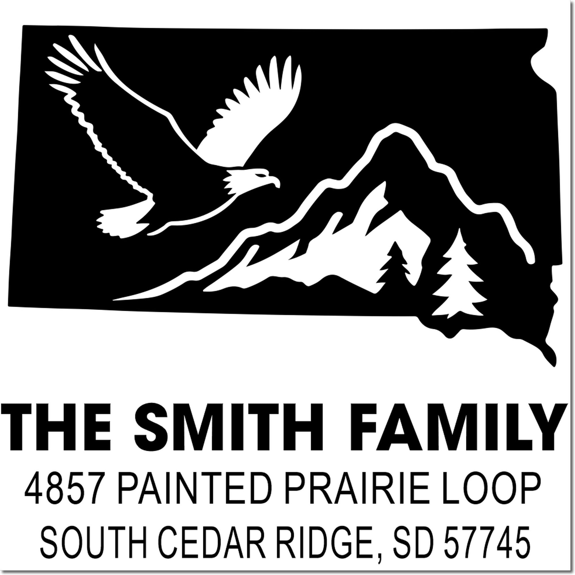 Custom South Dakota address rubber stamp with eagle and mountain design for The Smith Family, South Cedar Ridge.