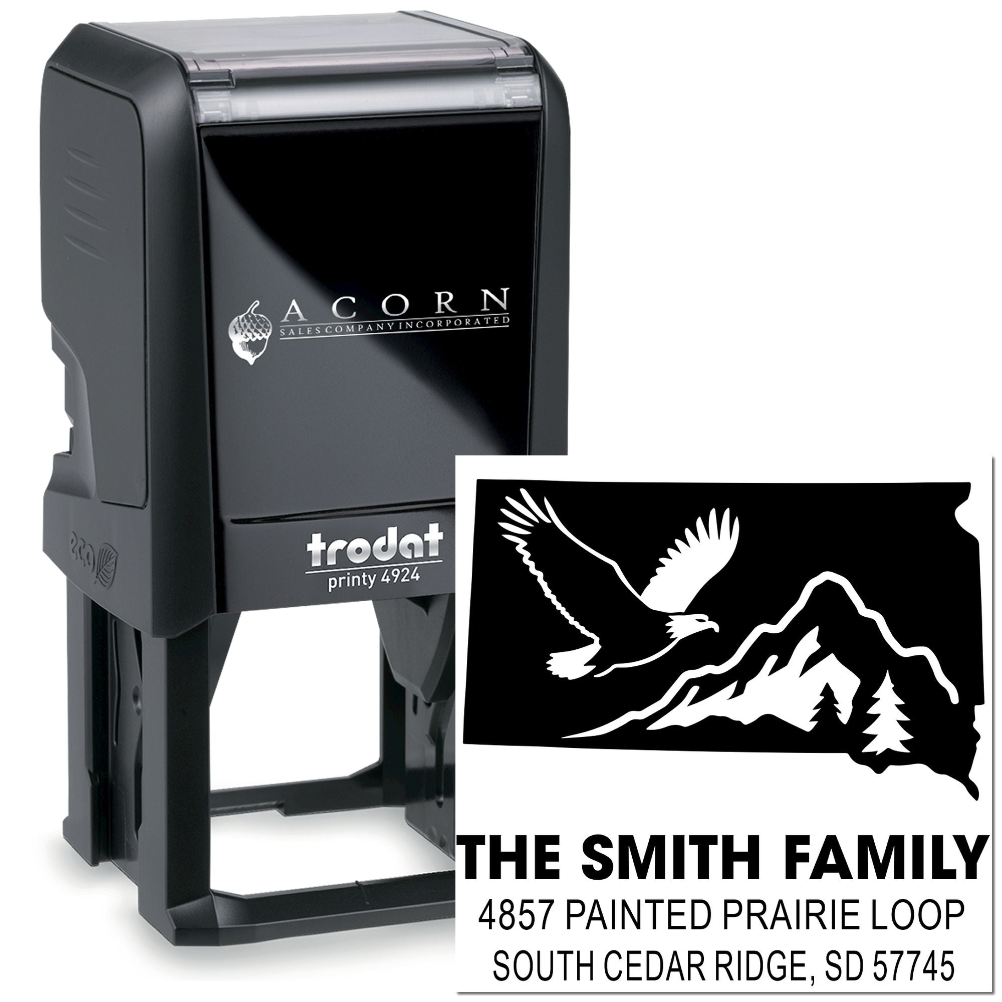 Trodat Printy 4924 custom self-inking rubber stamp with mountain eagle design and Smith family return address