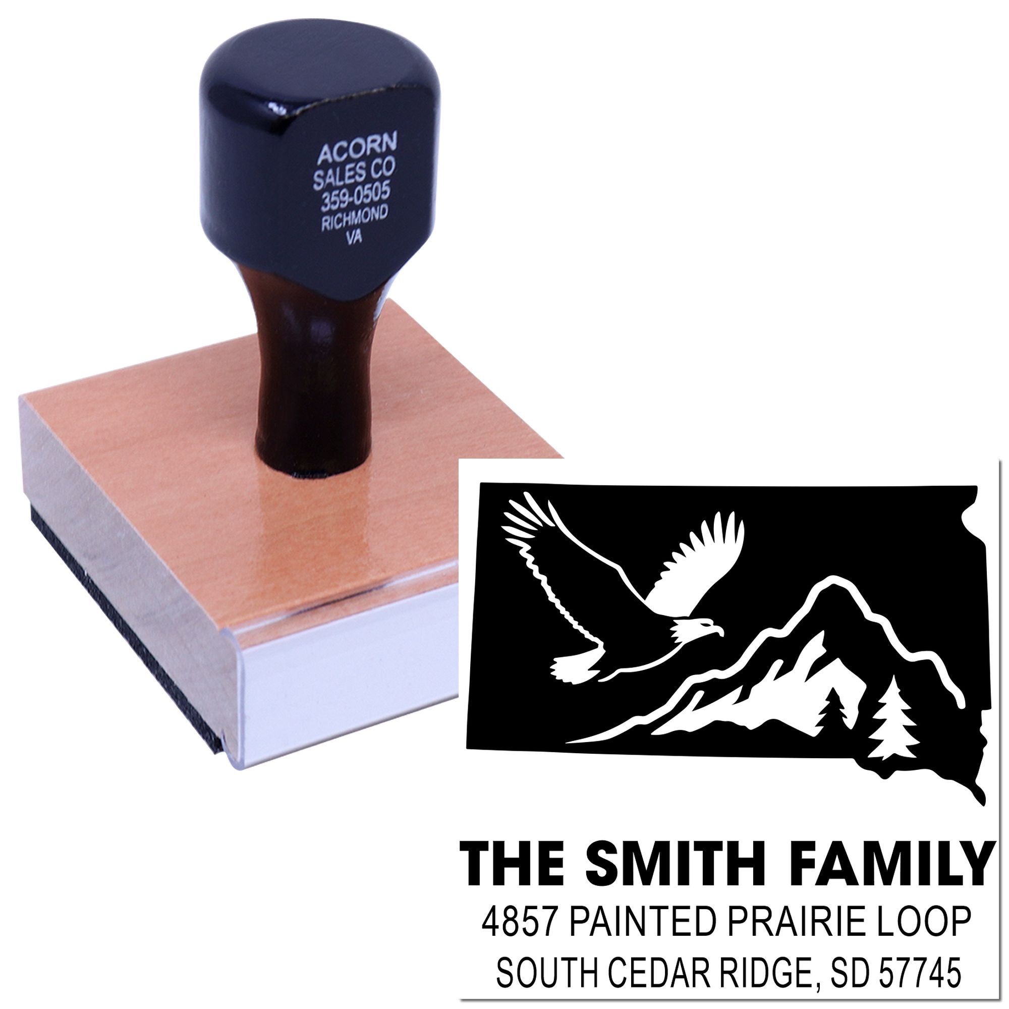 Custom self-inking rubber address stamp with mountain eagle design for personalized family return address mailing.