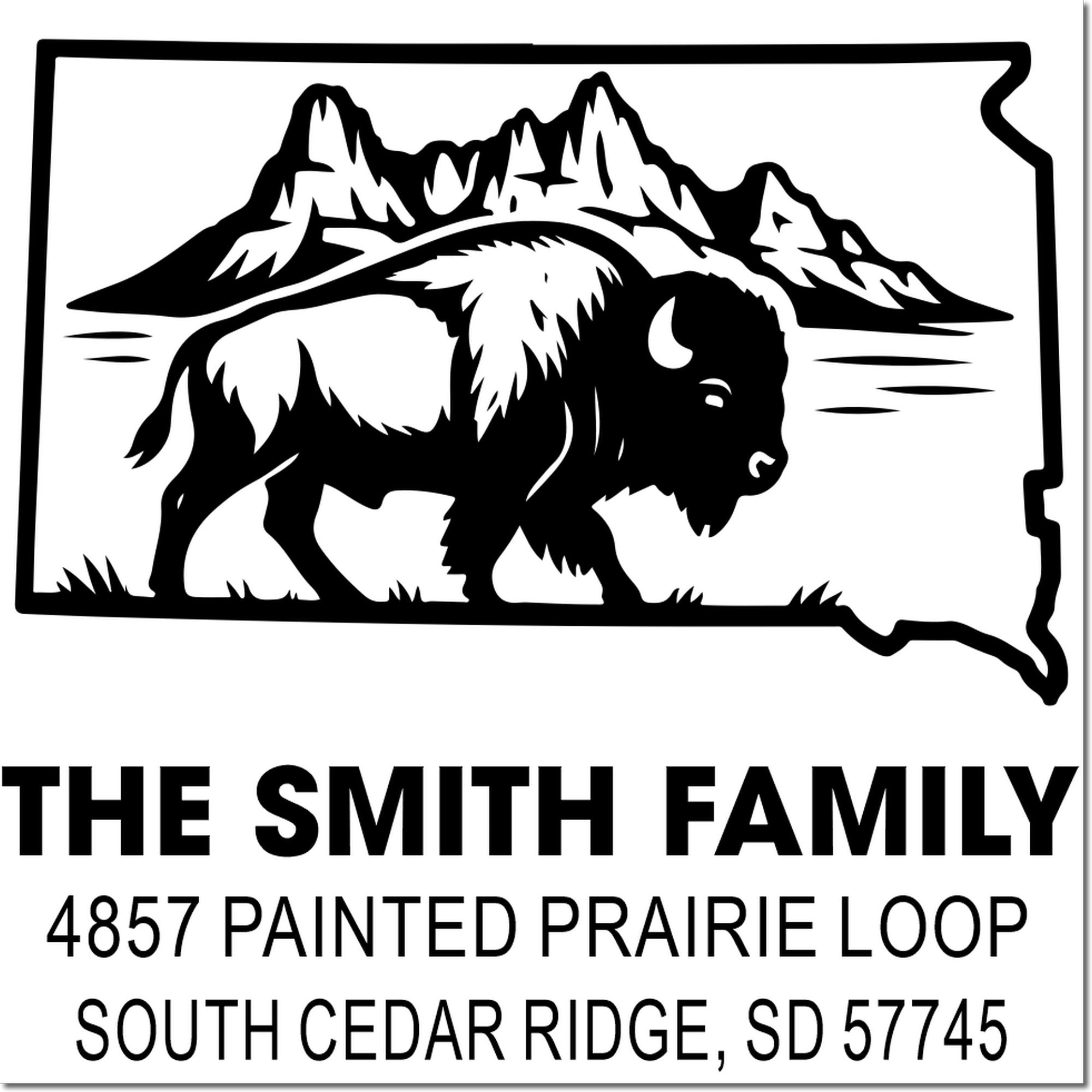 Custom South Dakota bison address rubber stamp for The Smith Family, 4857 Painted Prairie Loop, South Cedar Ridge, SD.
