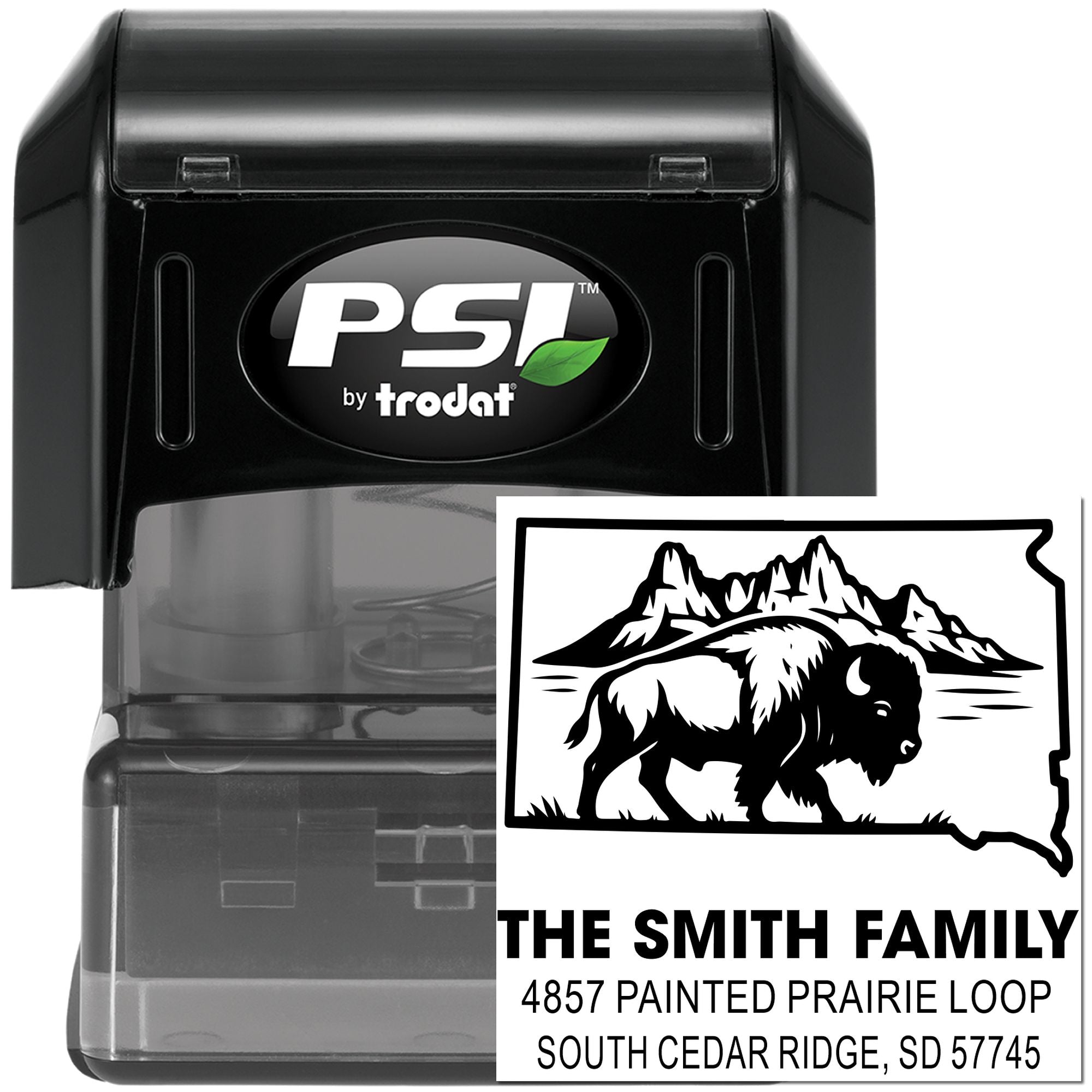 Custom self-inking rubber address stamp with bison design, featuring The Smith Family and South Dakota return address.