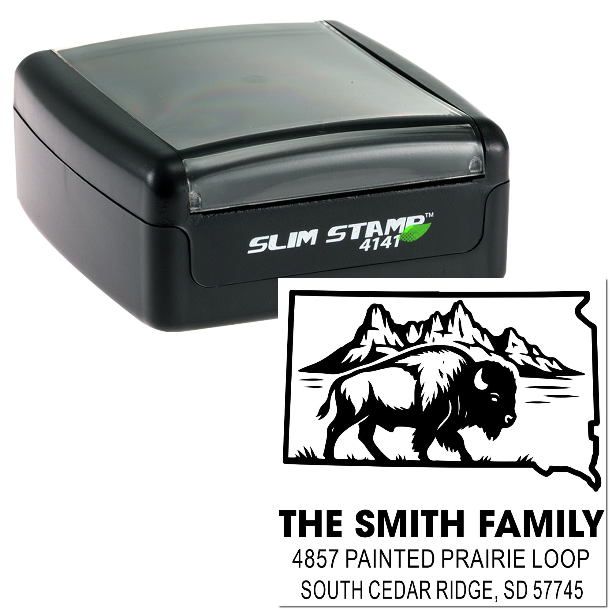 Custom rubber return address stamp with buffalo and mountain design for The Smith Family, South Dakota