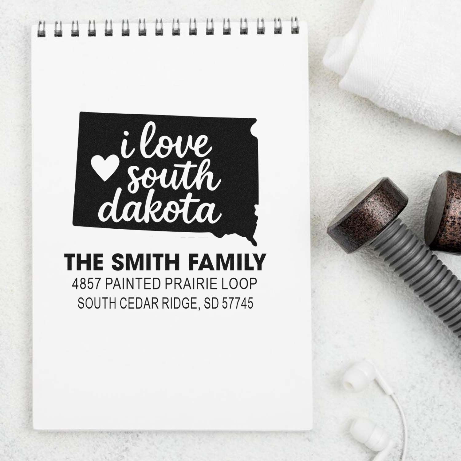 Personalized South Dakota return address rubber stamp with family name, address, and I love South Dakota design.