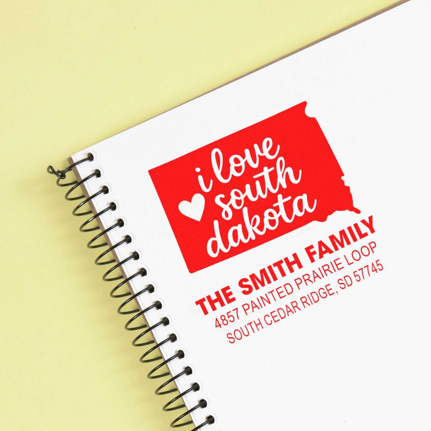 Custom South Dakota return address rubber stamp with I love South Dakota design for mail and stationery.