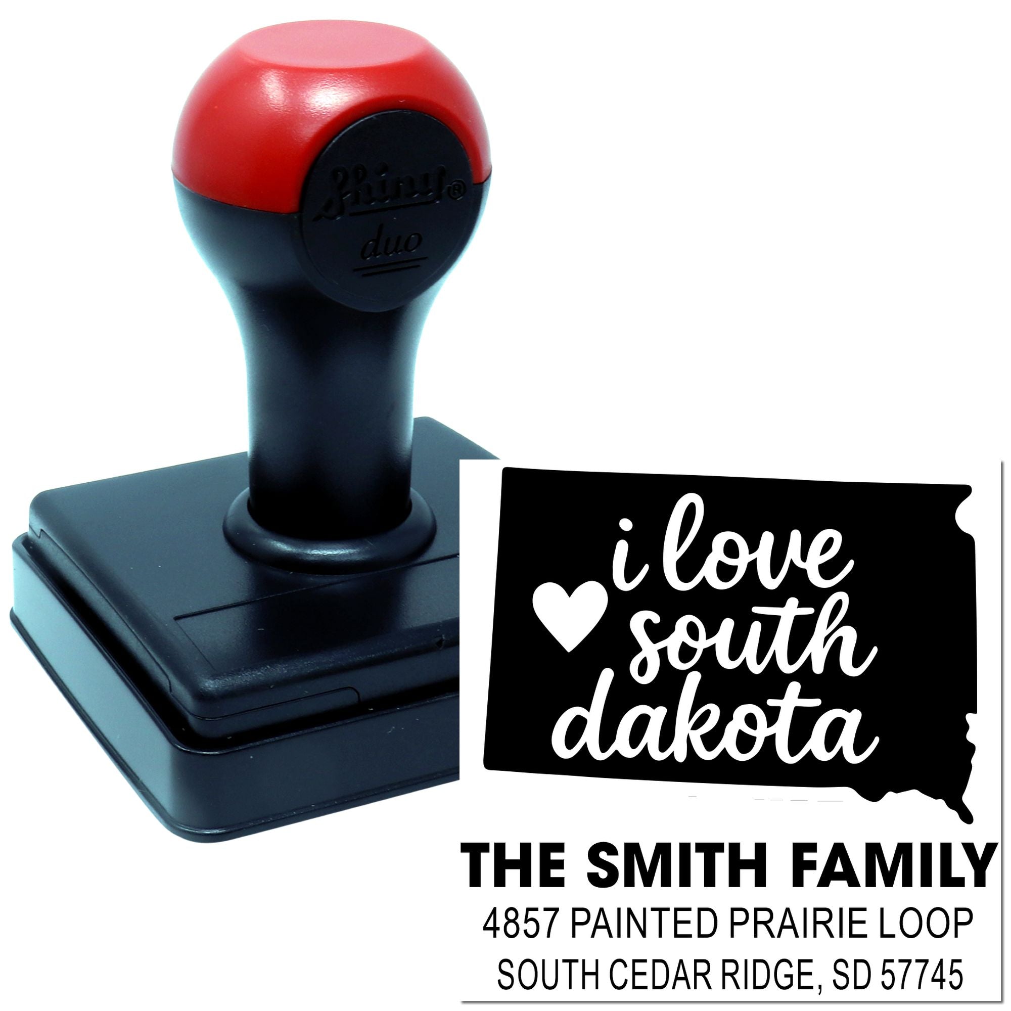 Personalized rubber address stamp with I love South Dakota design, family name, and return address for mailing.
