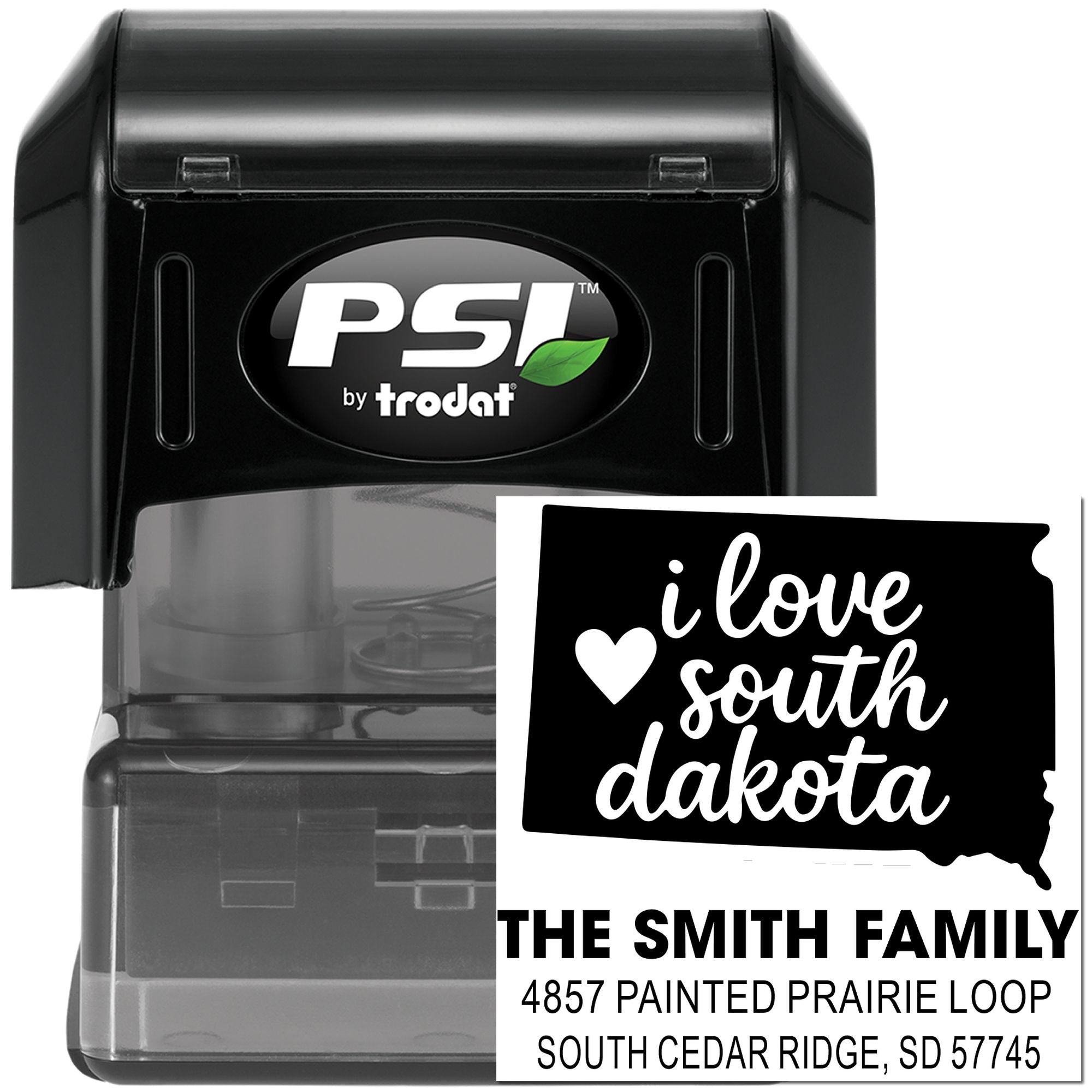 Custom self-inking rubber stamp by PSI Trodat with South Dakota family address and I love South Dakota design output