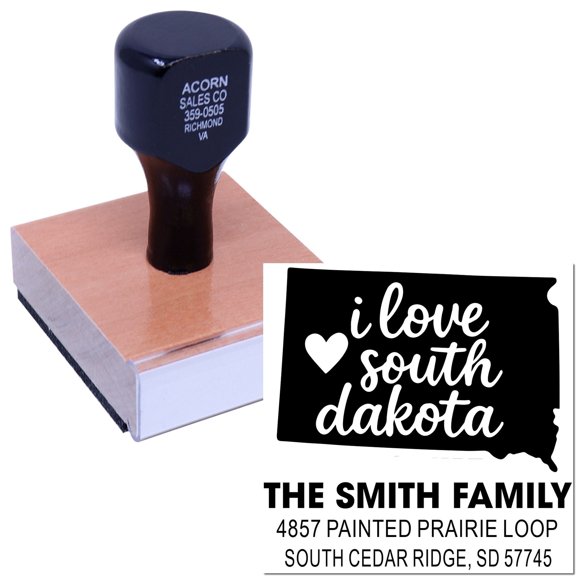 Custom rubber stamp with personalized return address and South Dakota state design examples for family mailing and branding.