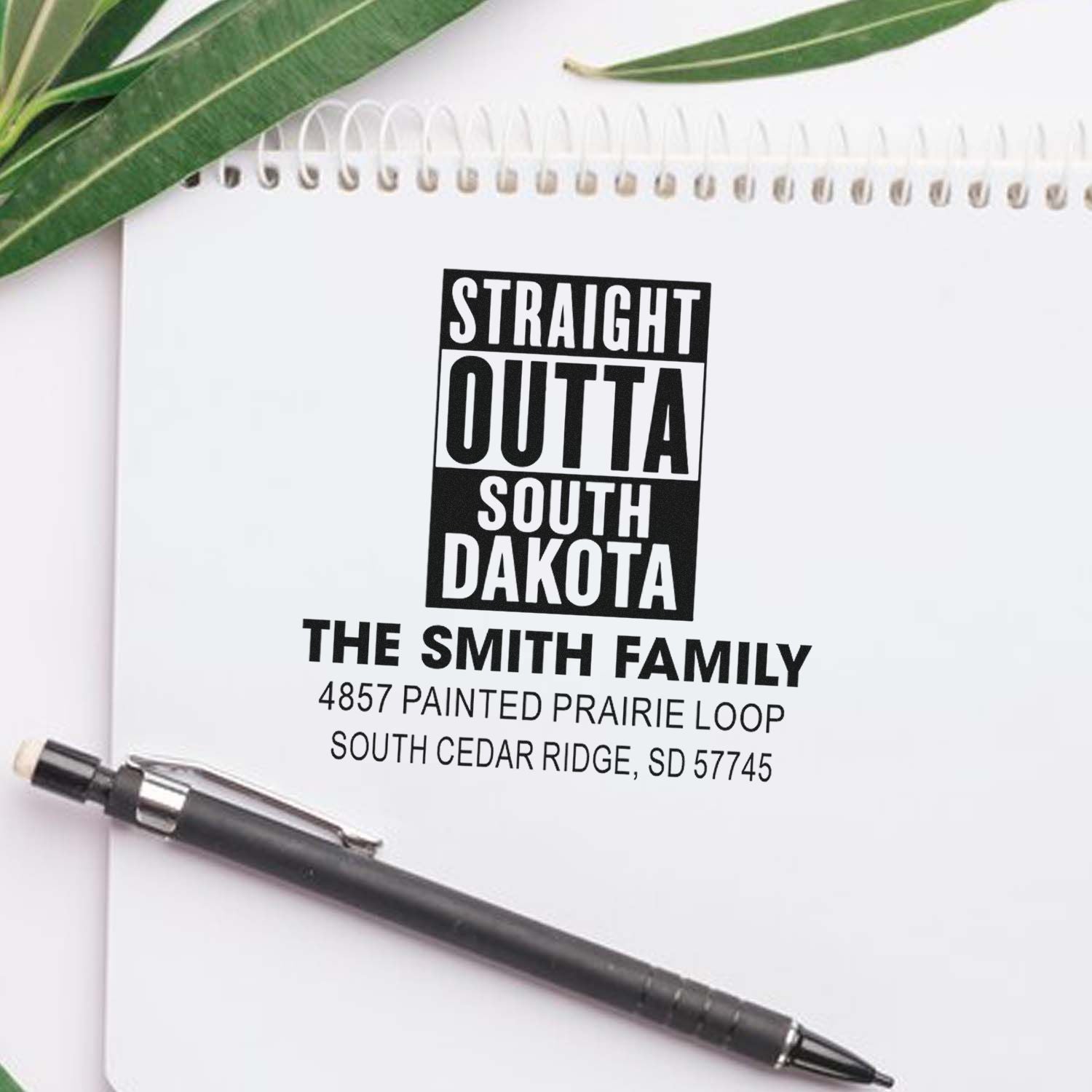 Custom rubber stamp design for The Smith Family, featuring a Straight Outta South Dakota address stamp.