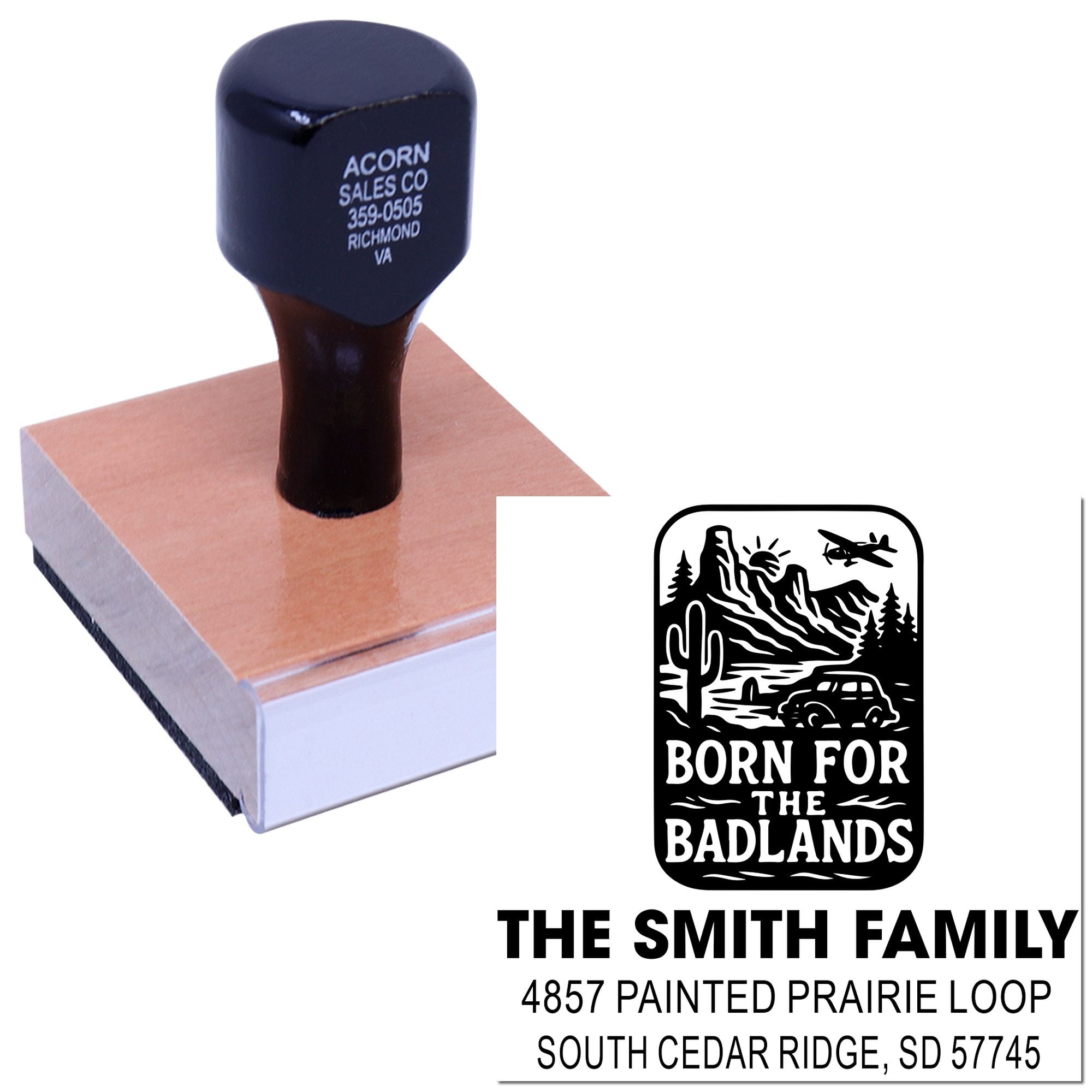Custom rubber stamp with Born for the Badlands design and The Smith Family return address imprint