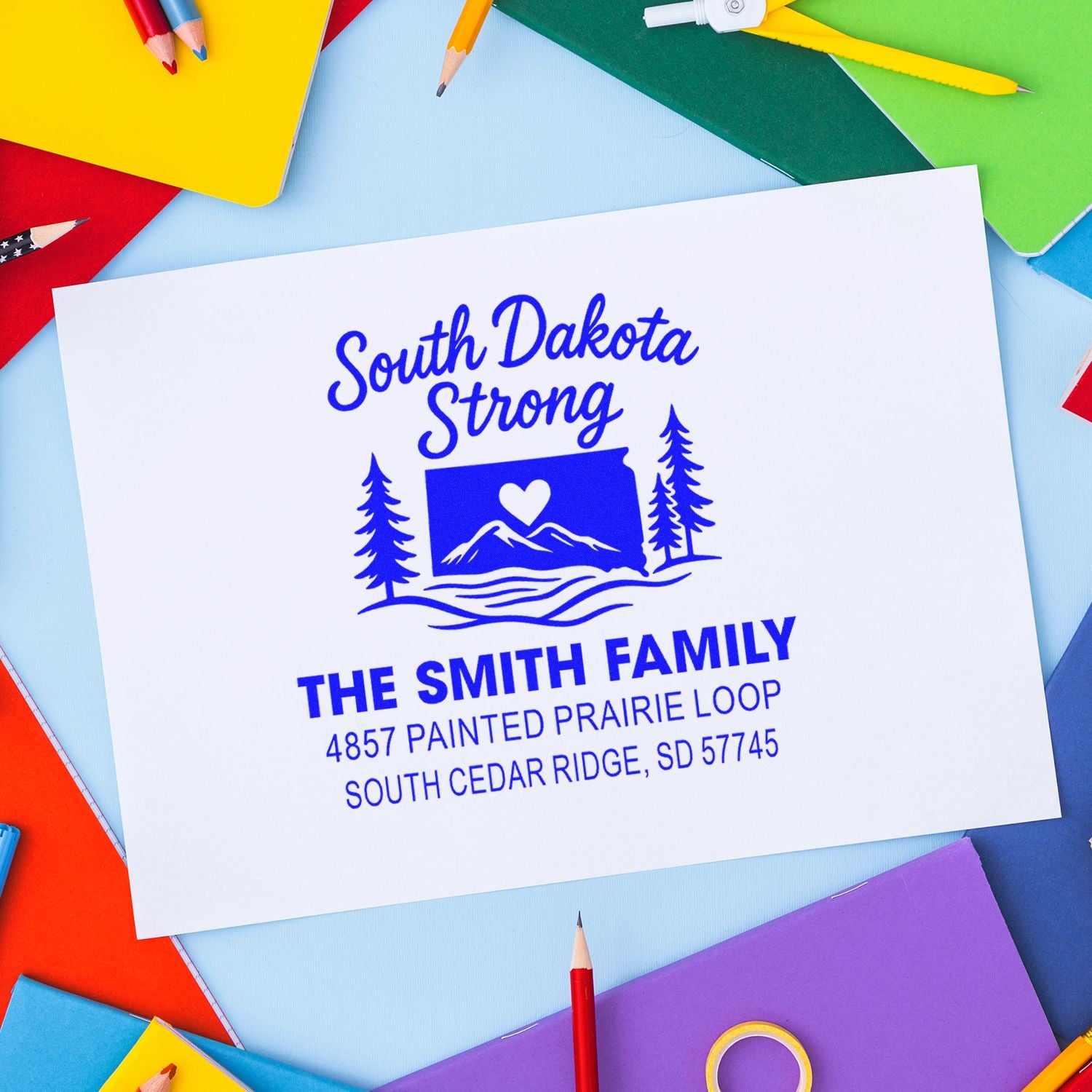 Custom South Dakota Strong family rubber stamp design with address, ideal for personalized return address labeling.
