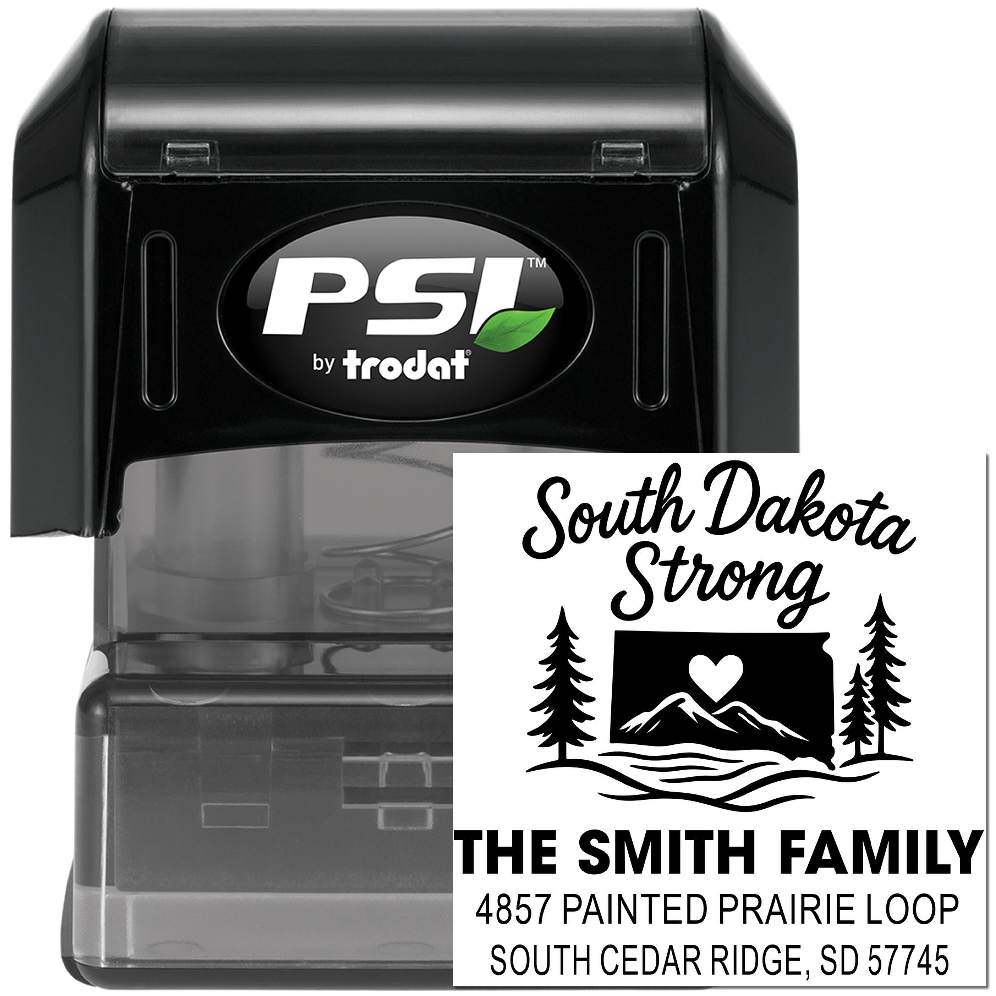 Custom address rubber stamp with South Dakota Strong design, The Smith Family name, and address by PSI Trodat.