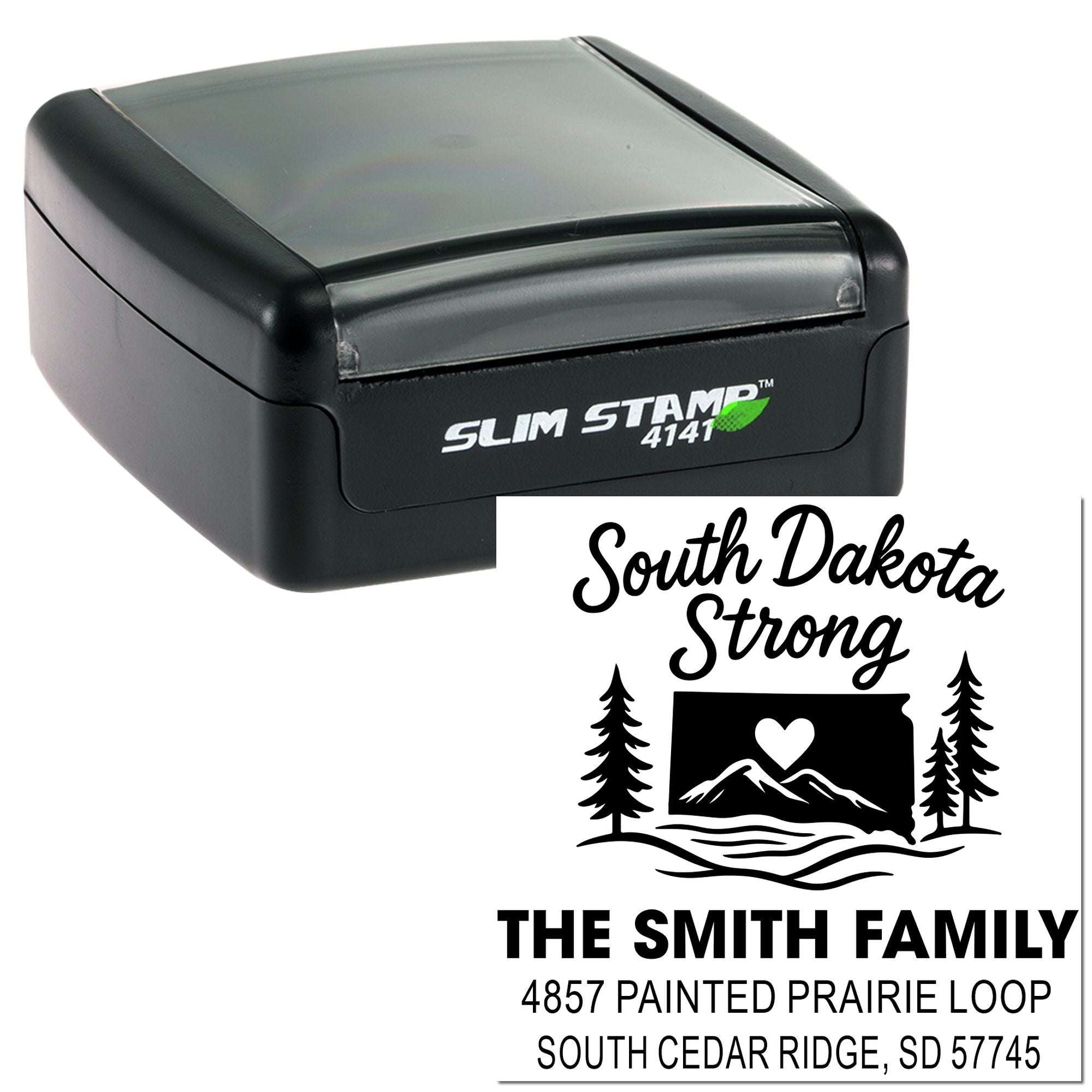 Custom South Dakota Strong return address rubber stamp, self-inking Slim Stamp 4141, with family name and mailing address.