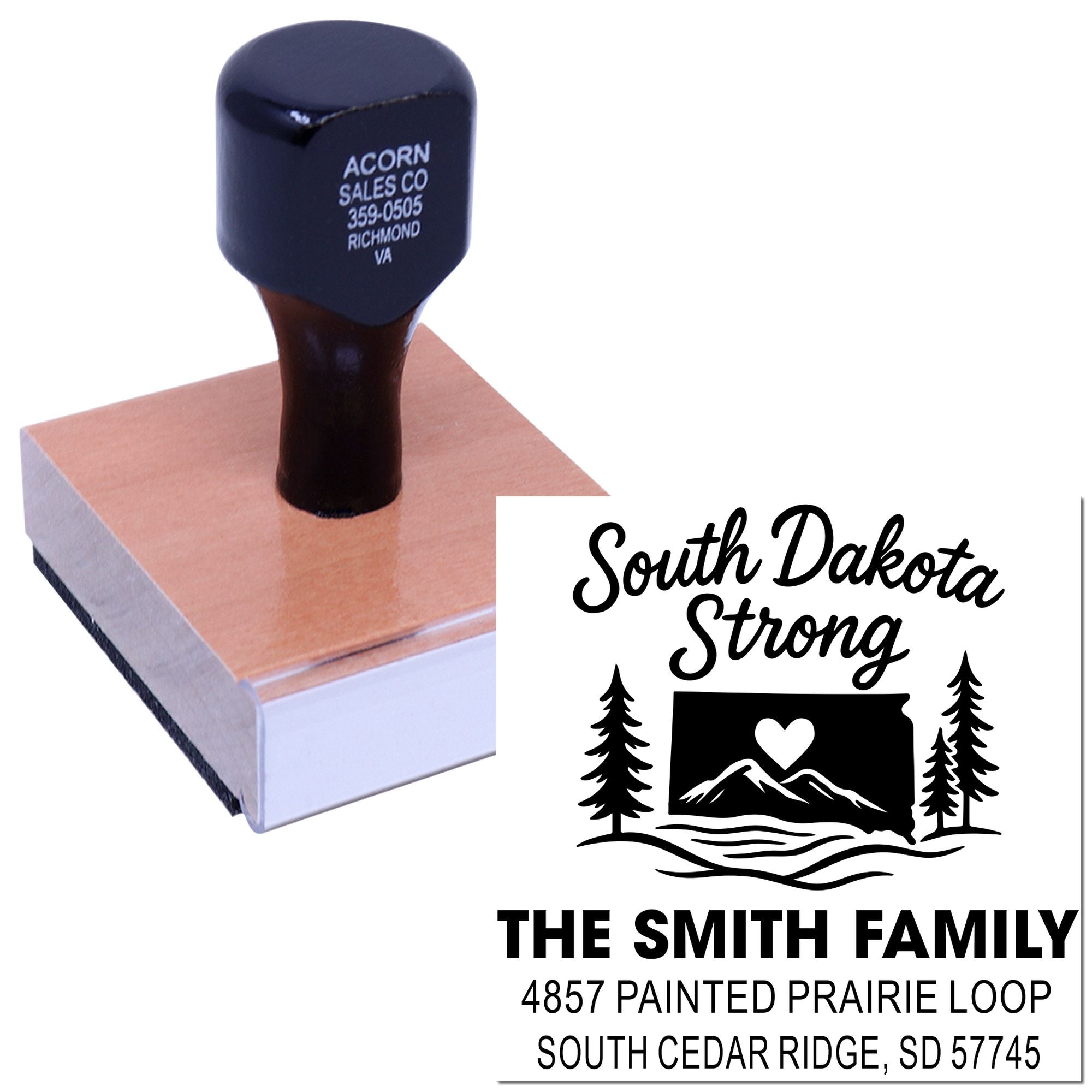Custom rubber address stamp with South Dakota Strong design, family name, and mailing address for personalized envelopes.