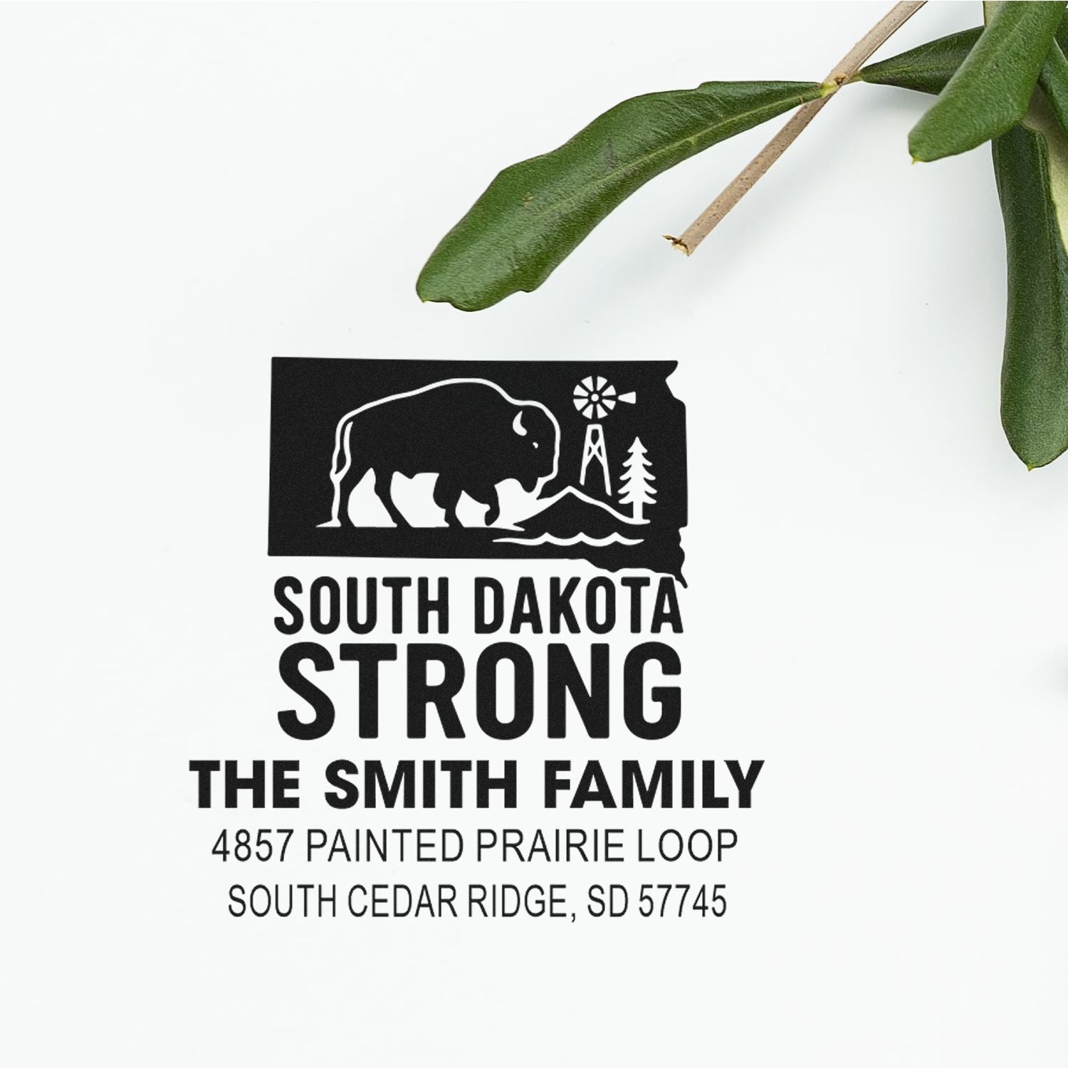 Custom South Dakota Strong rubber stamp with buffalo design, The Smith Family address, and state-themed return mailing details.