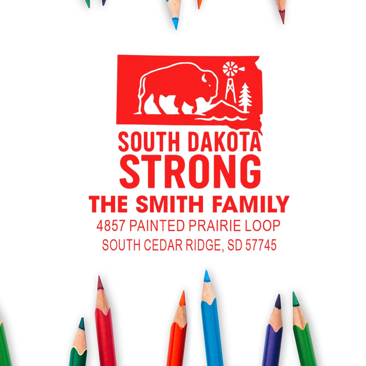 Custom South Dakota Strong return address rubber stamp for The Smith Family with bison design and address personalization