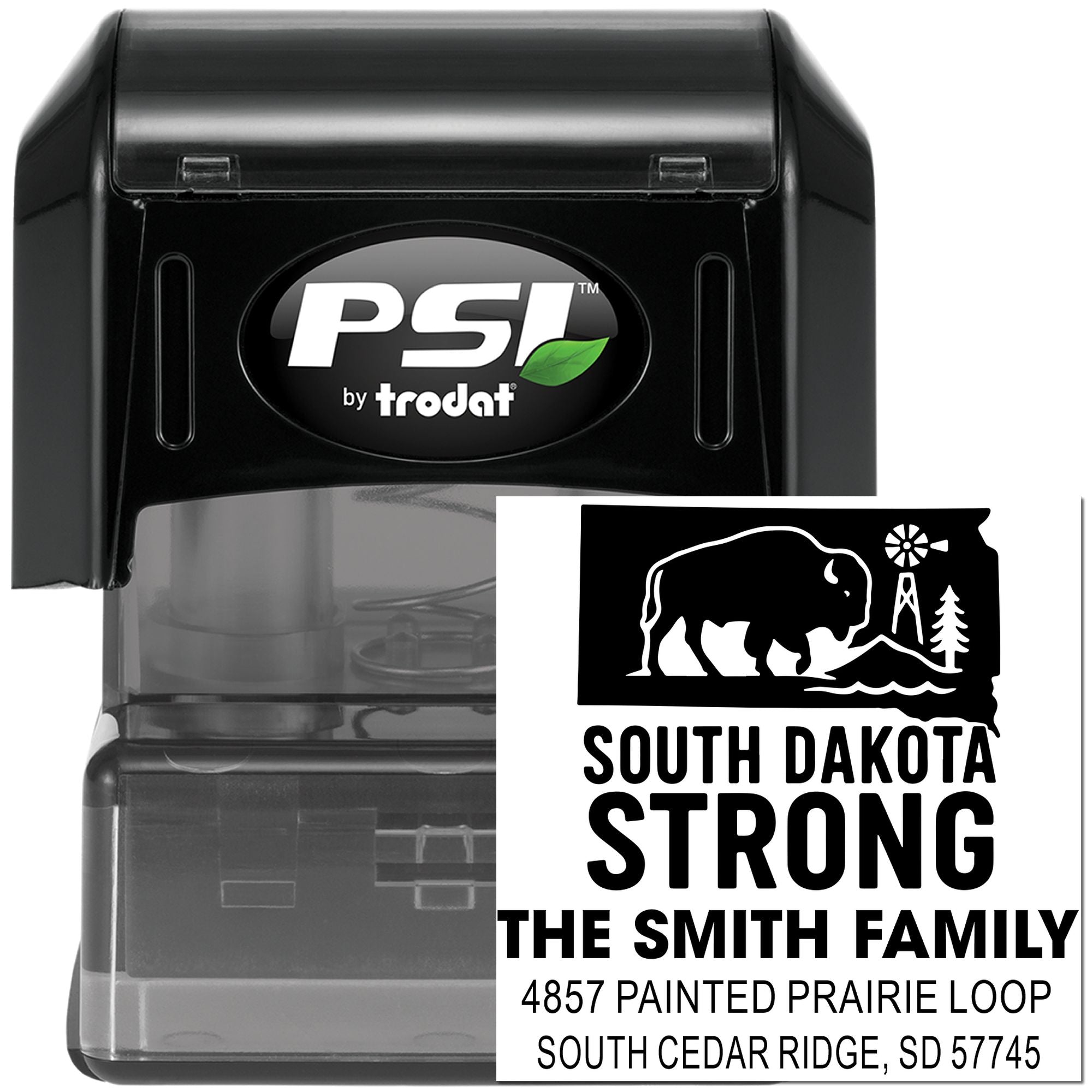 Custom South Dakota Strong self-inking address rubber stamp by PSI Trodat for The Smith Family