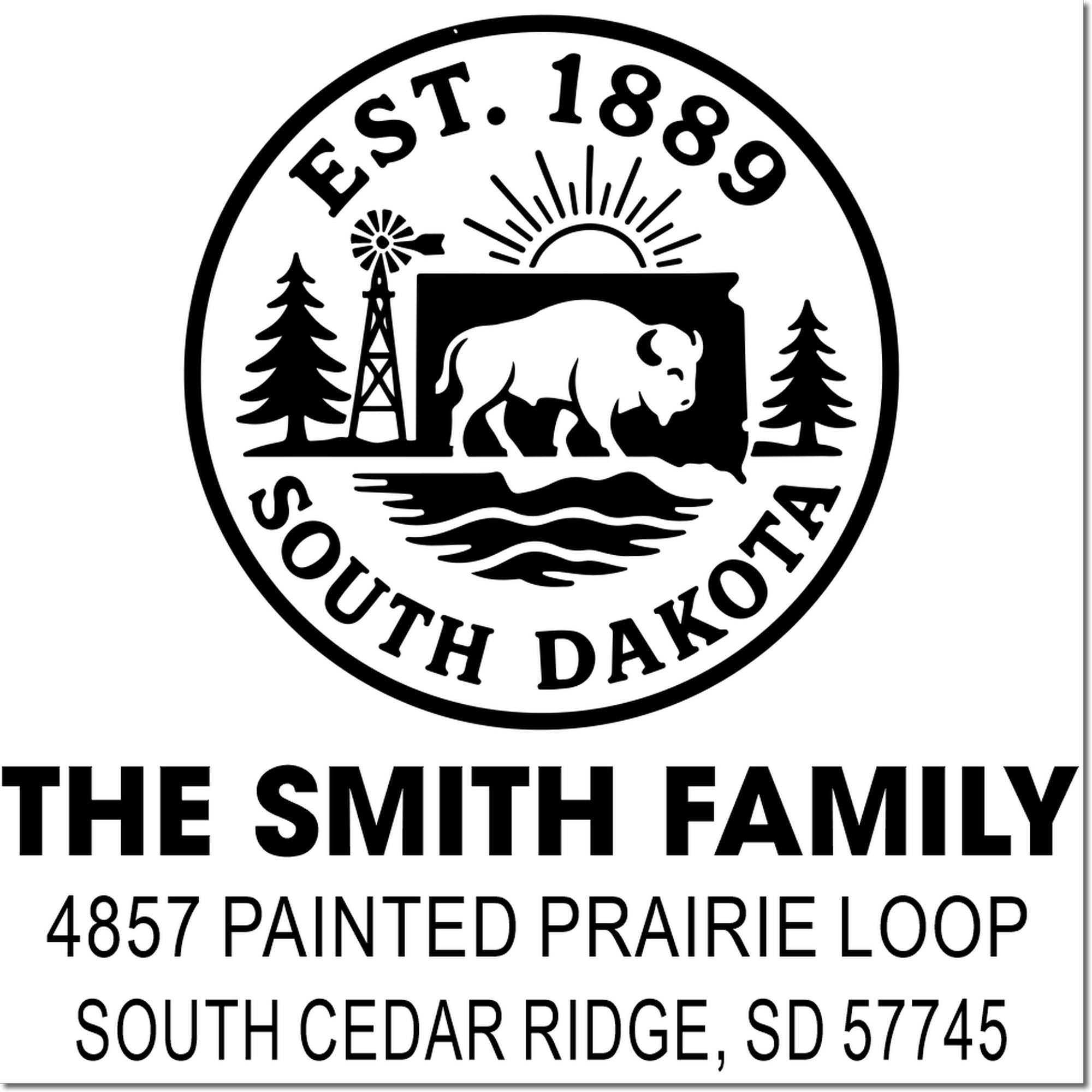 Custom South Dakota return address rubber stamp for The Smith Family, 4857 Painted Prairie Loop, South Cedar Ridge, SD 57745
