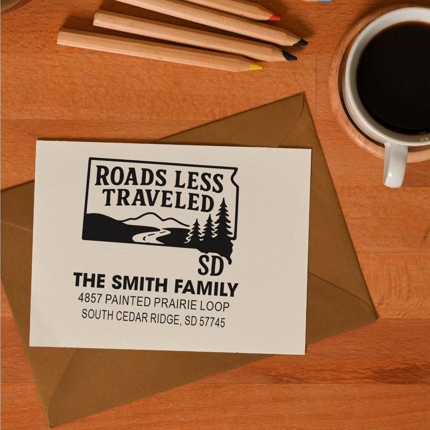 Custom rubber address stamp with South Dakota travel design for personalized family return address envelopes and greeting cards