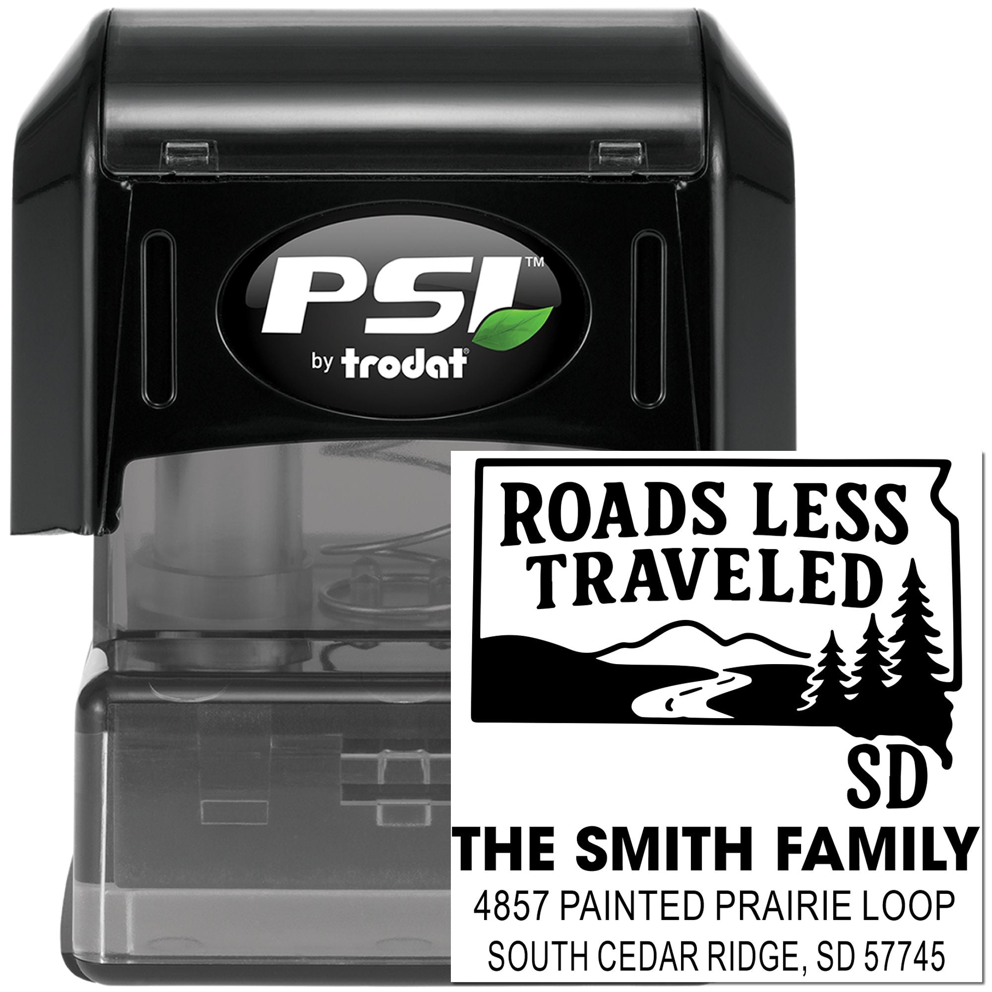 PSI by Trodat custom family address rubber stamp with Roads Less Traveled design and South Dakota return address
