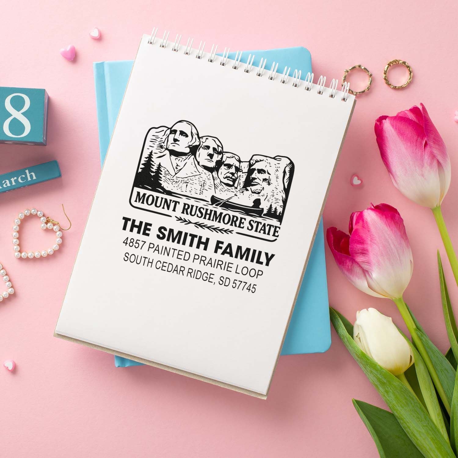 Personalized Mount Rushmore return address rubber stamp imprint with The Smith Family name and South Dakota mailing address.