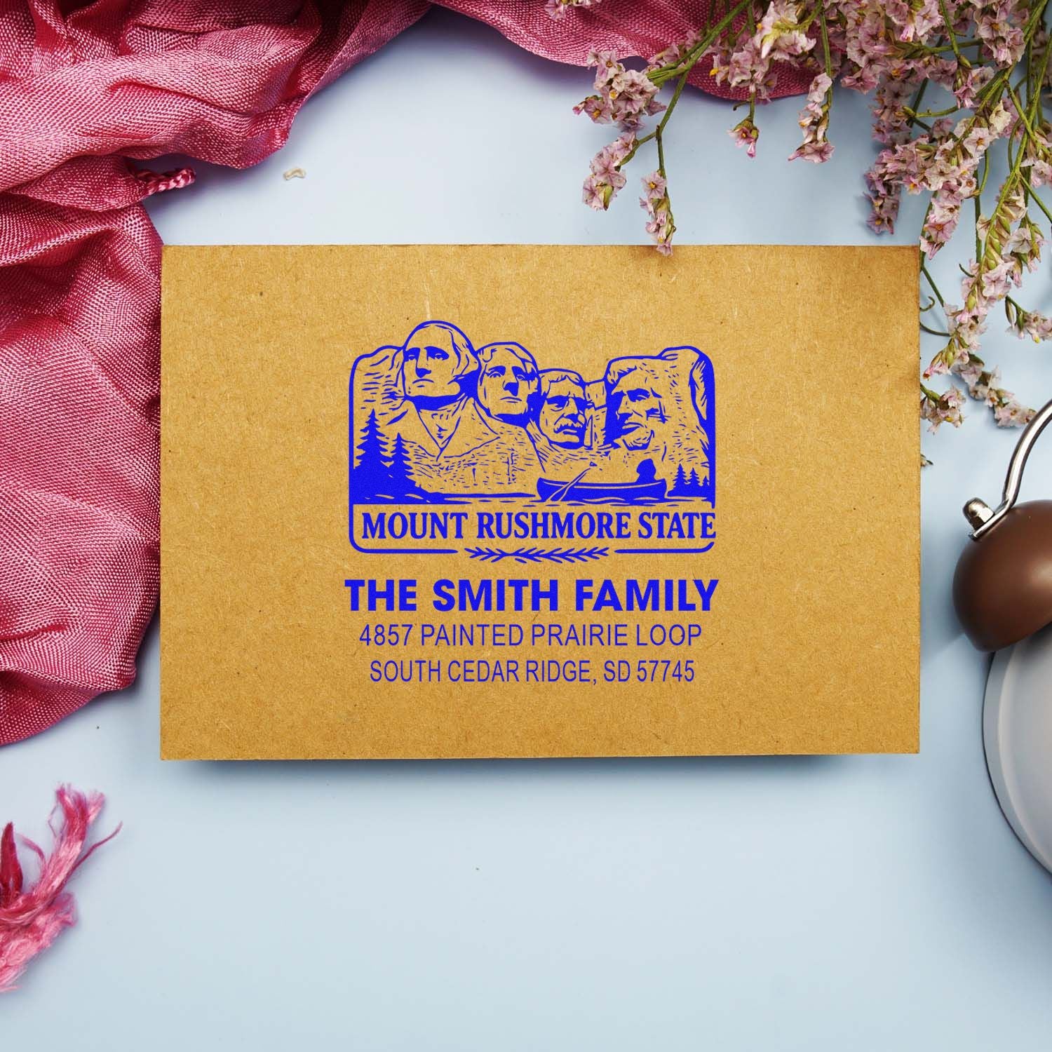 Custom Mount Rushmore State return address rubber stamp for personalized South Dakota family mail