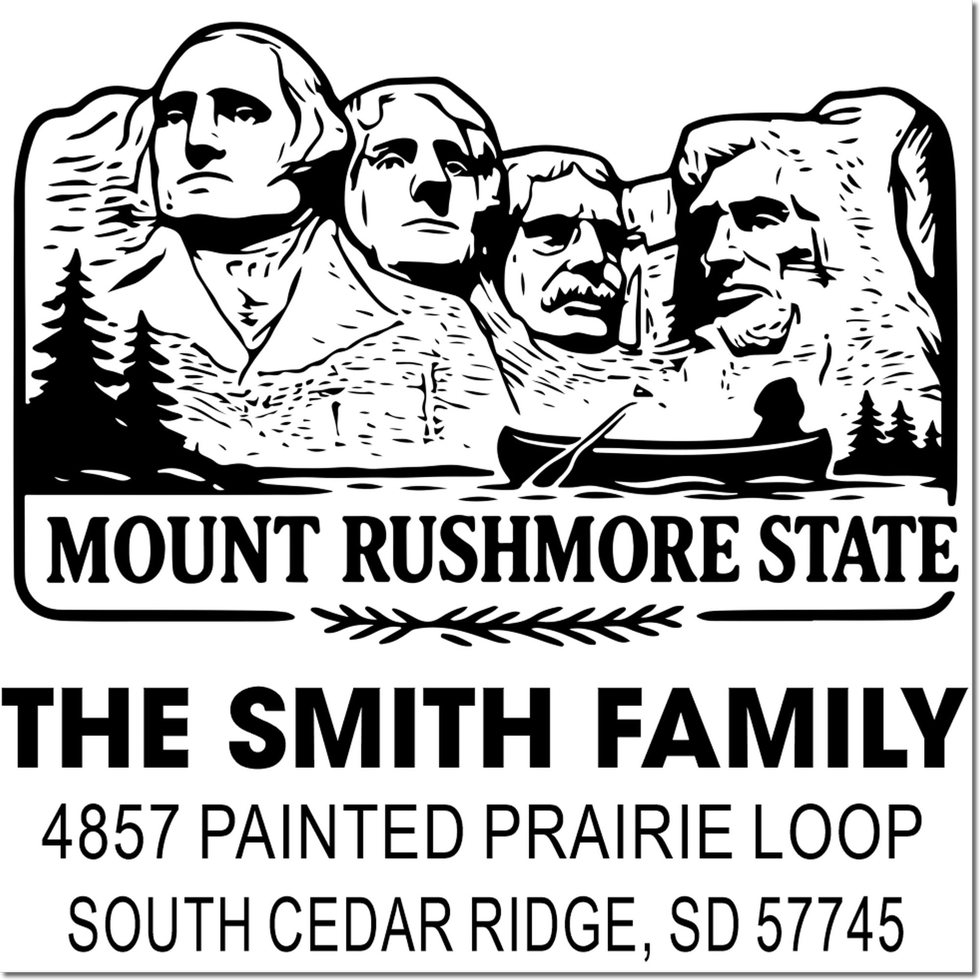 Custom Mount Rushmore family address rubber stamp with South Cedar Ridge, SD 57745 and patriotic scenic design.
