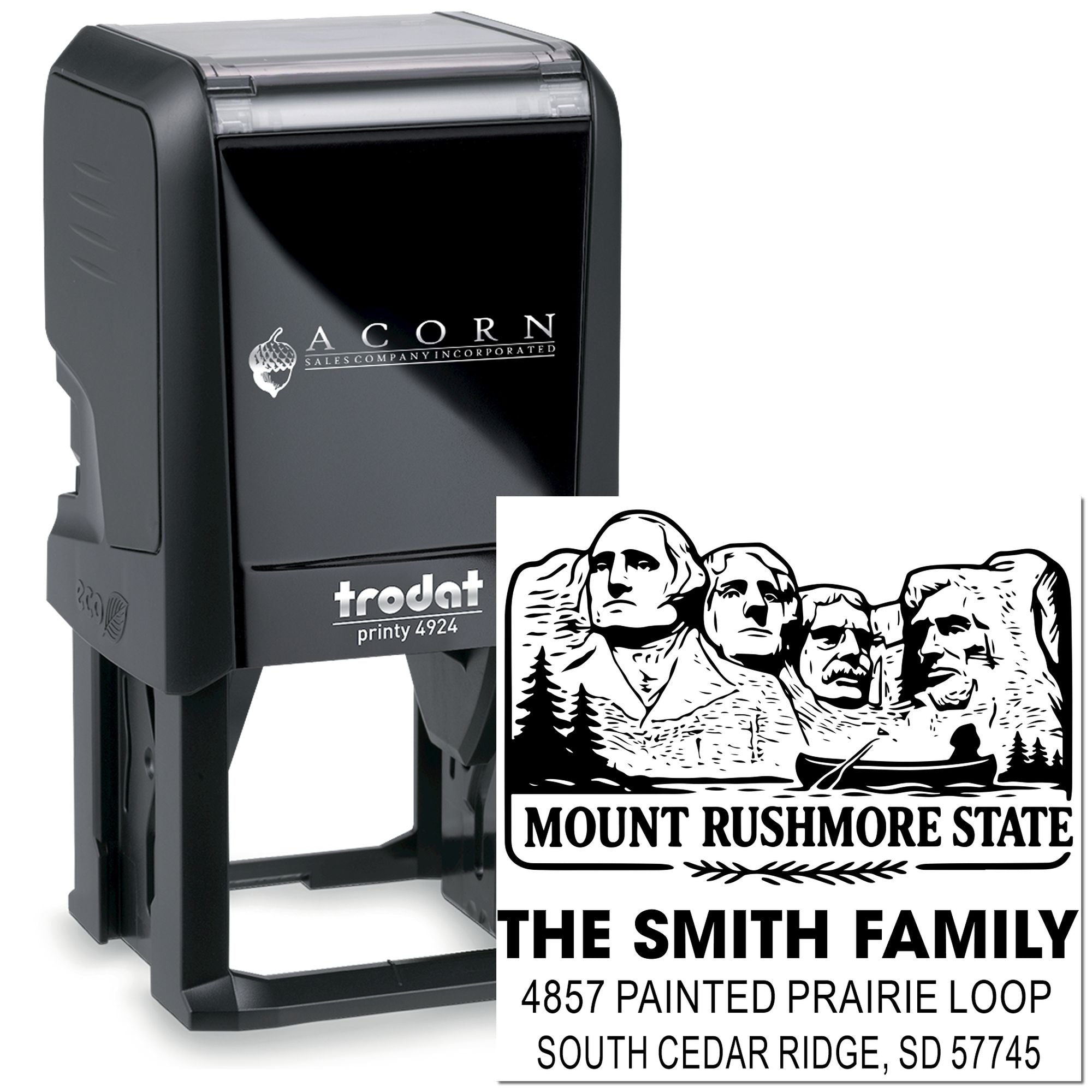 Custom self-inking family address rubber stamp with Mount Rushmore design, ideal for personalized mailing.