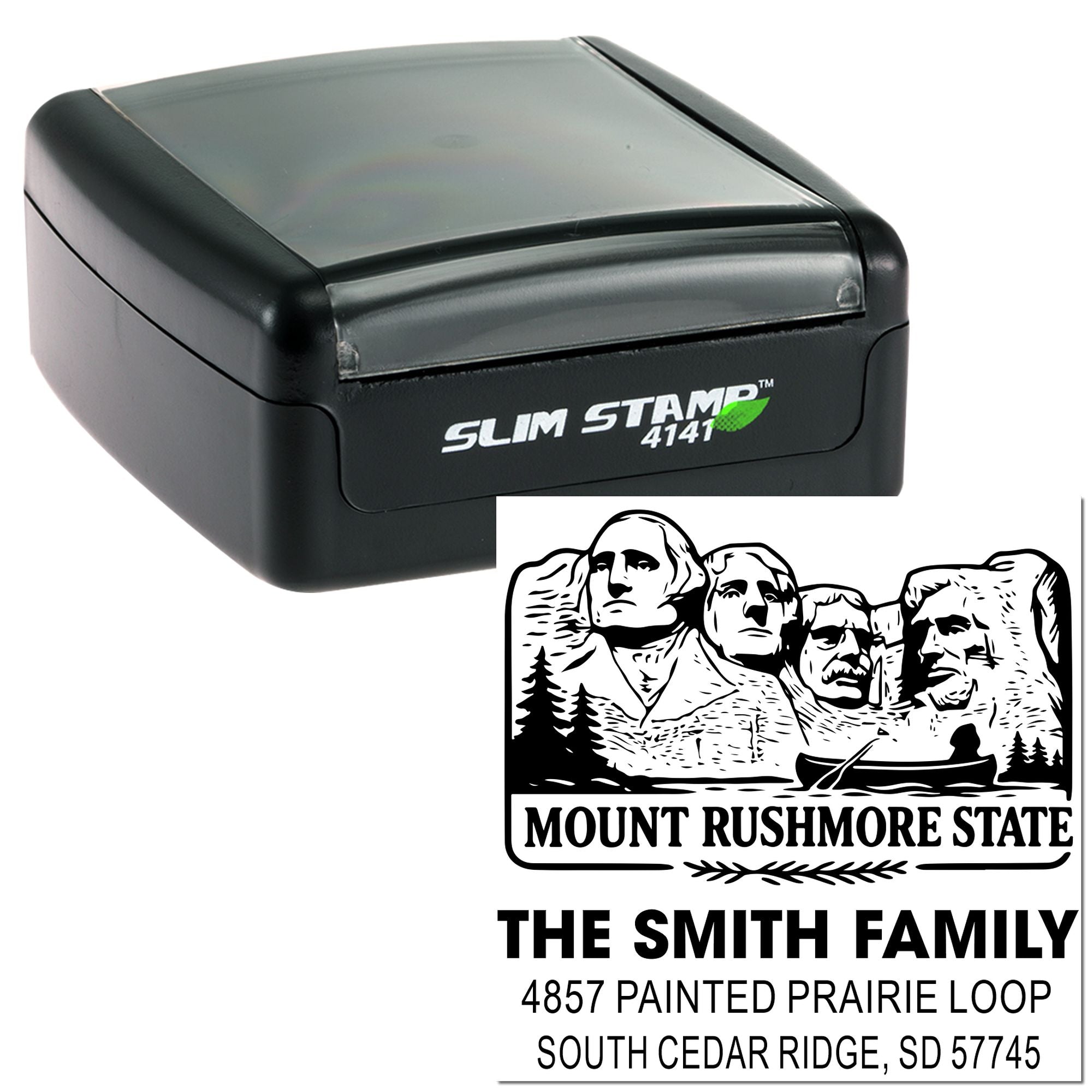 Custom self-inking Slim Stamp 4141 rubber address stamp with Mount Rushmore design for personalized family mailing.