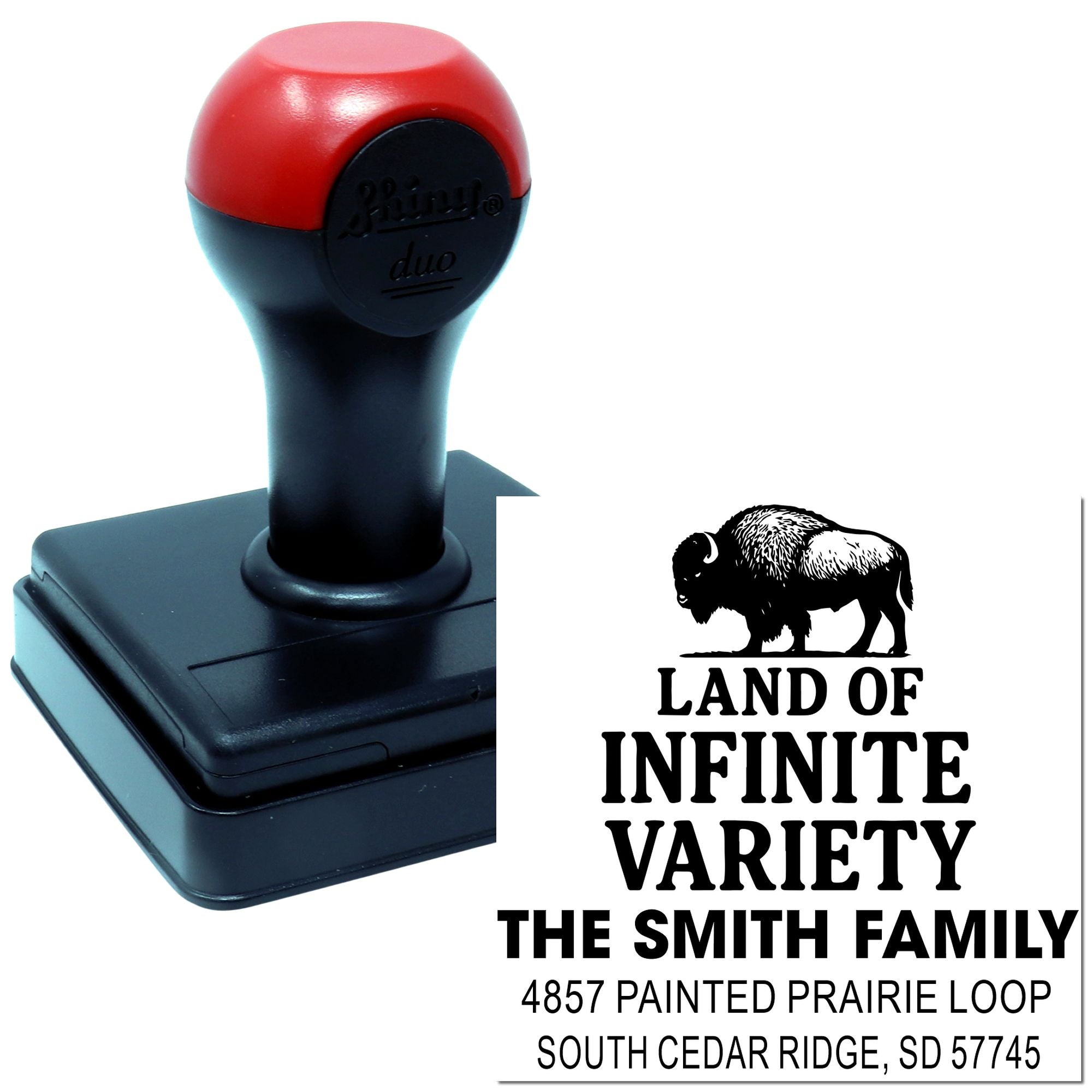 Custom self-inking rubber stamp with bison logo and return address, personalized address stamp for the Smith family.