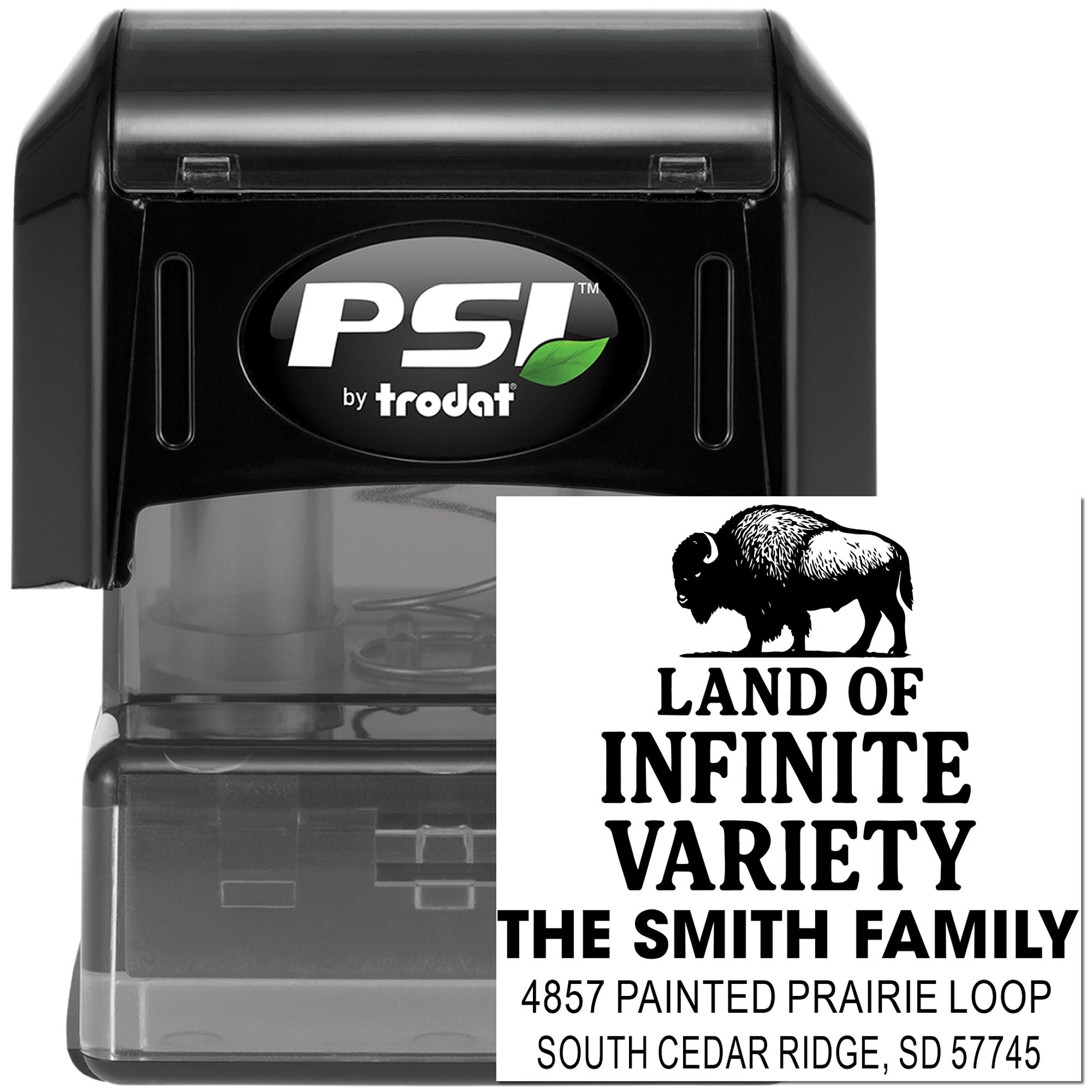 PSI by Trodat self-inking custom return address rubber stamp with buffalo design for The Smith Family