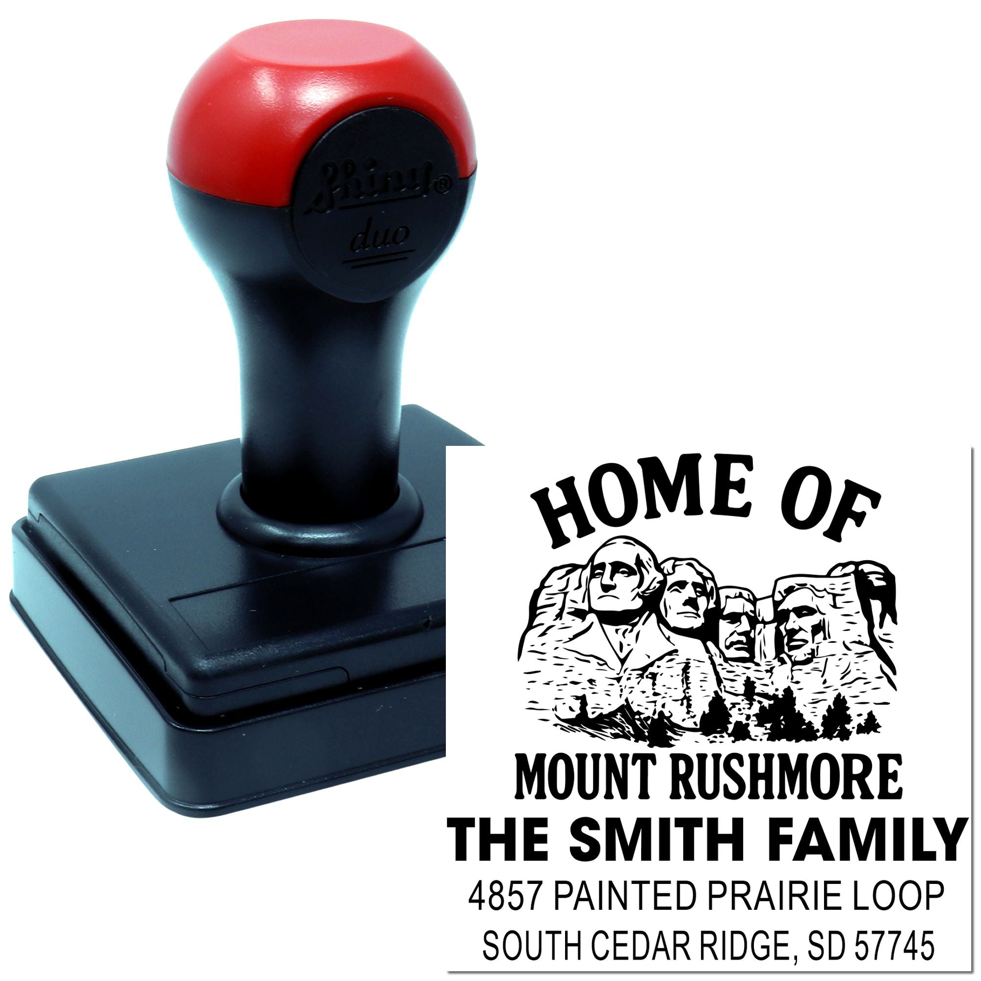 Personalized self-inking rubber address stamp with Mount Rushmore design, family name, and return address.