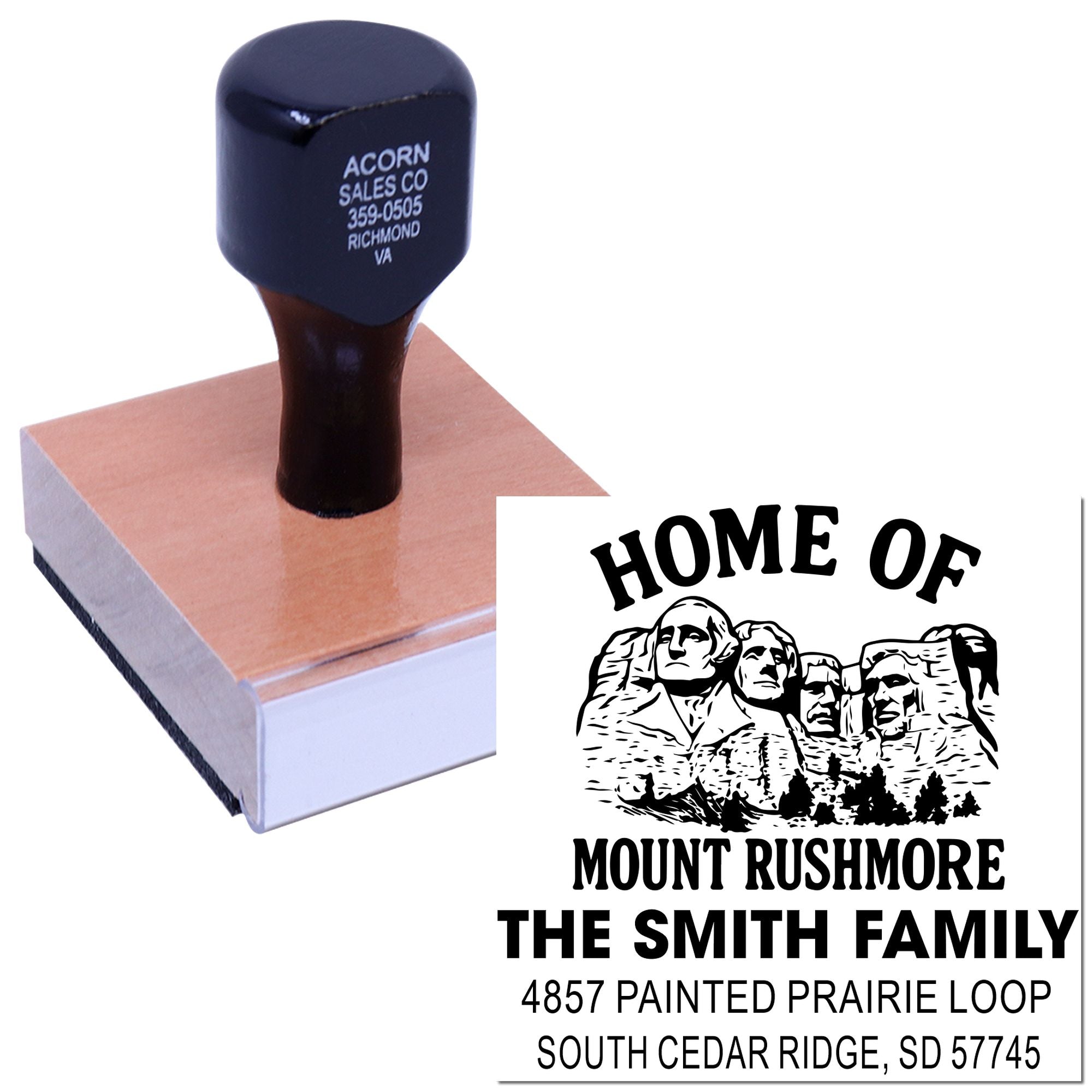 Custom rubber stamp with Mount Rushmore design and personalized family return address, ideal for home address stamping.