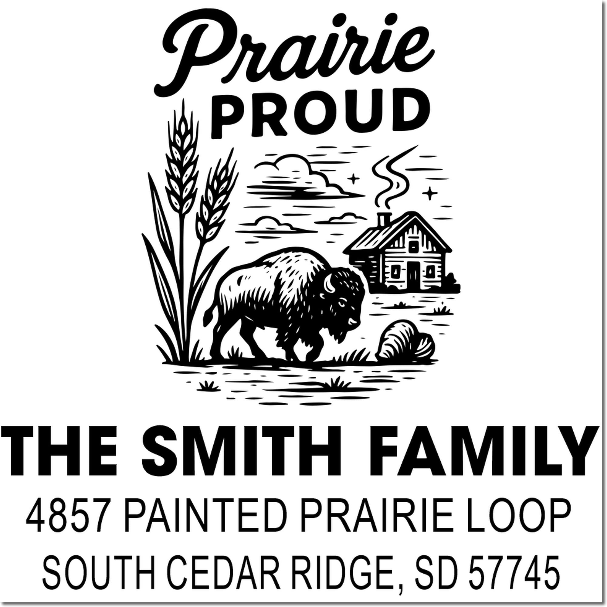 Prairie Proud custom family farm address rubber stamp featuring bison, wheat, farmhouse, and The Smith Family name.