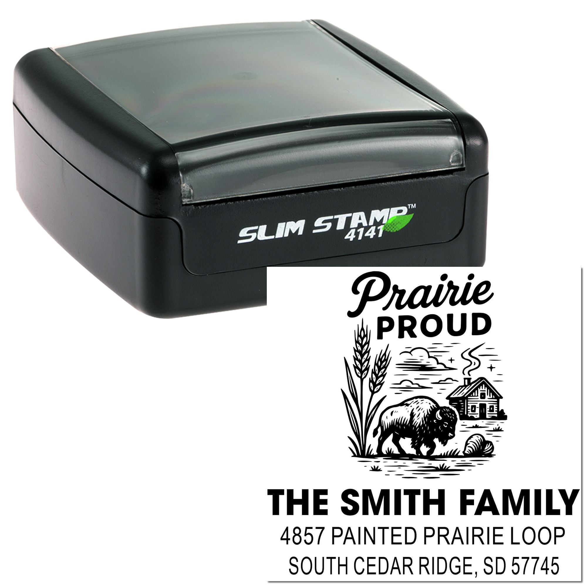 Custom self-inking return address rubber stamp with Prairie Proud design for The Smith Family.