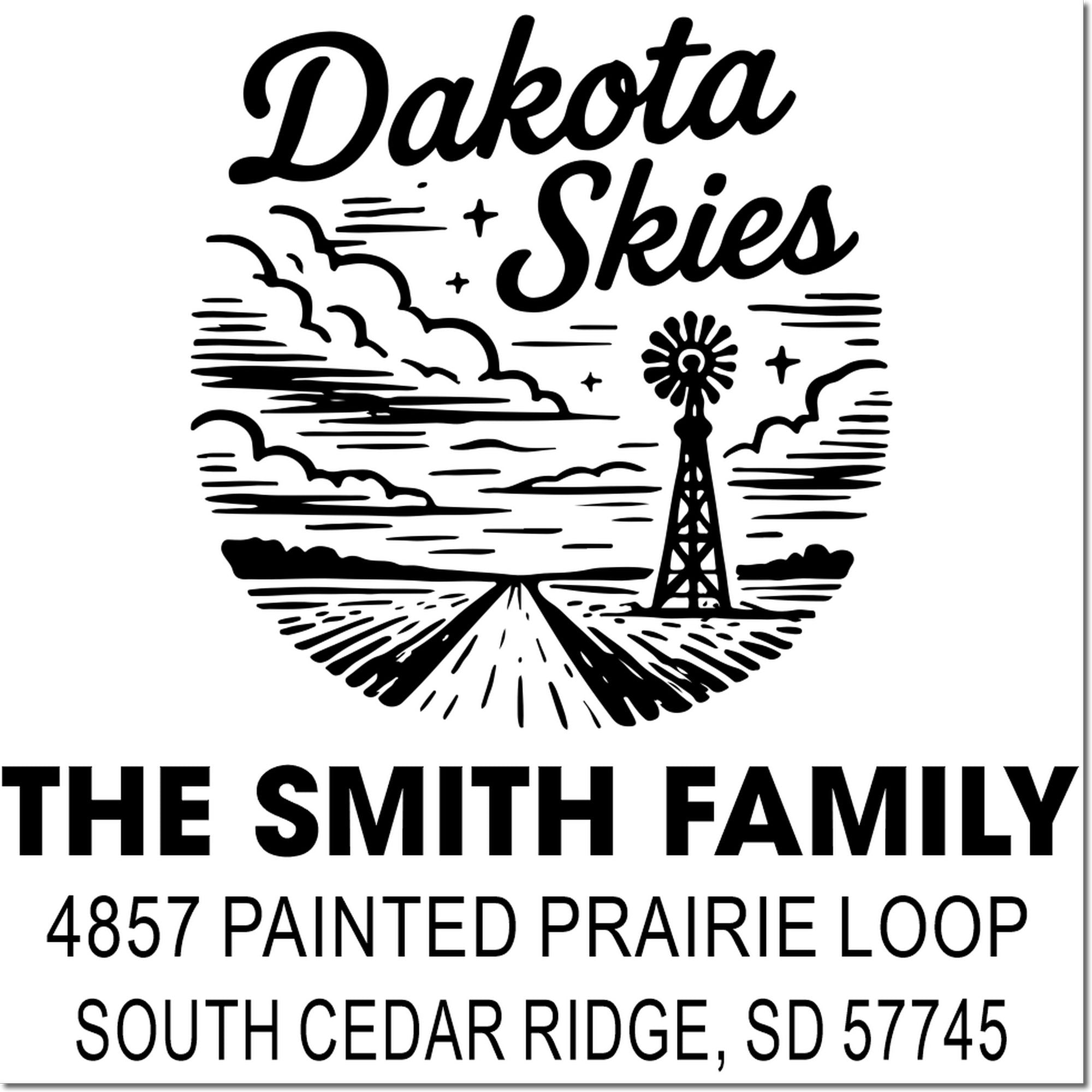 Custom Dakota Skies return address rubber stamp for The Smith Family in South Cedar Ridge, SD, with windmill farm artwork.