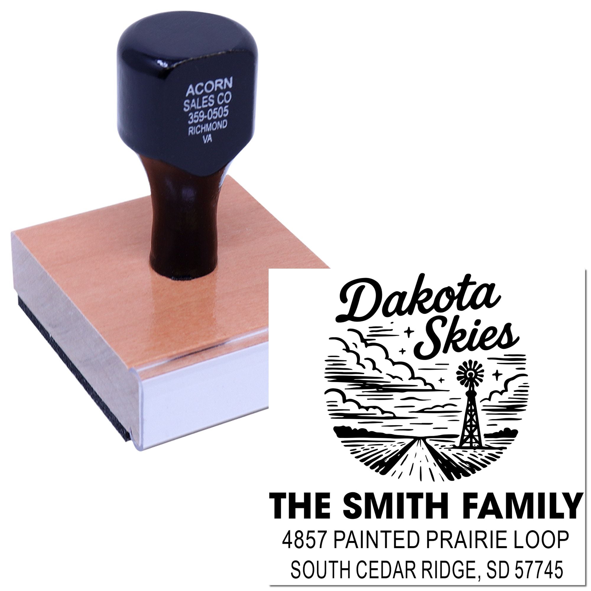 Custom wooden handle rubber stamp with The Smith Family return address and Dakota Skies design for personalized mailing.