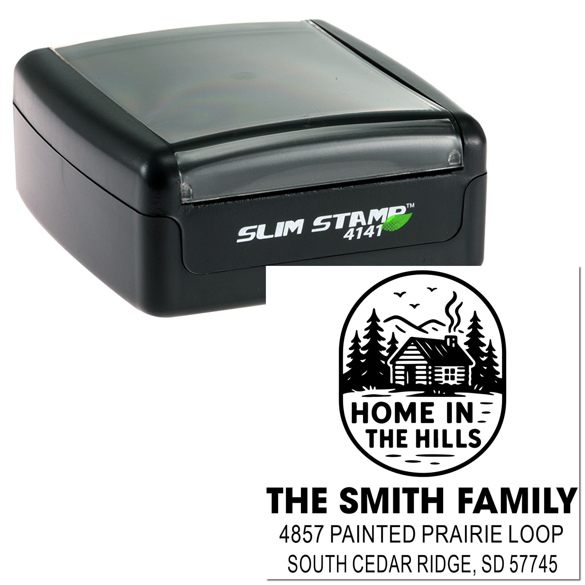 Personalized self-inking address stamp, Slim Stamp 4141, for The Smith Family's Home in the Hills return address design.