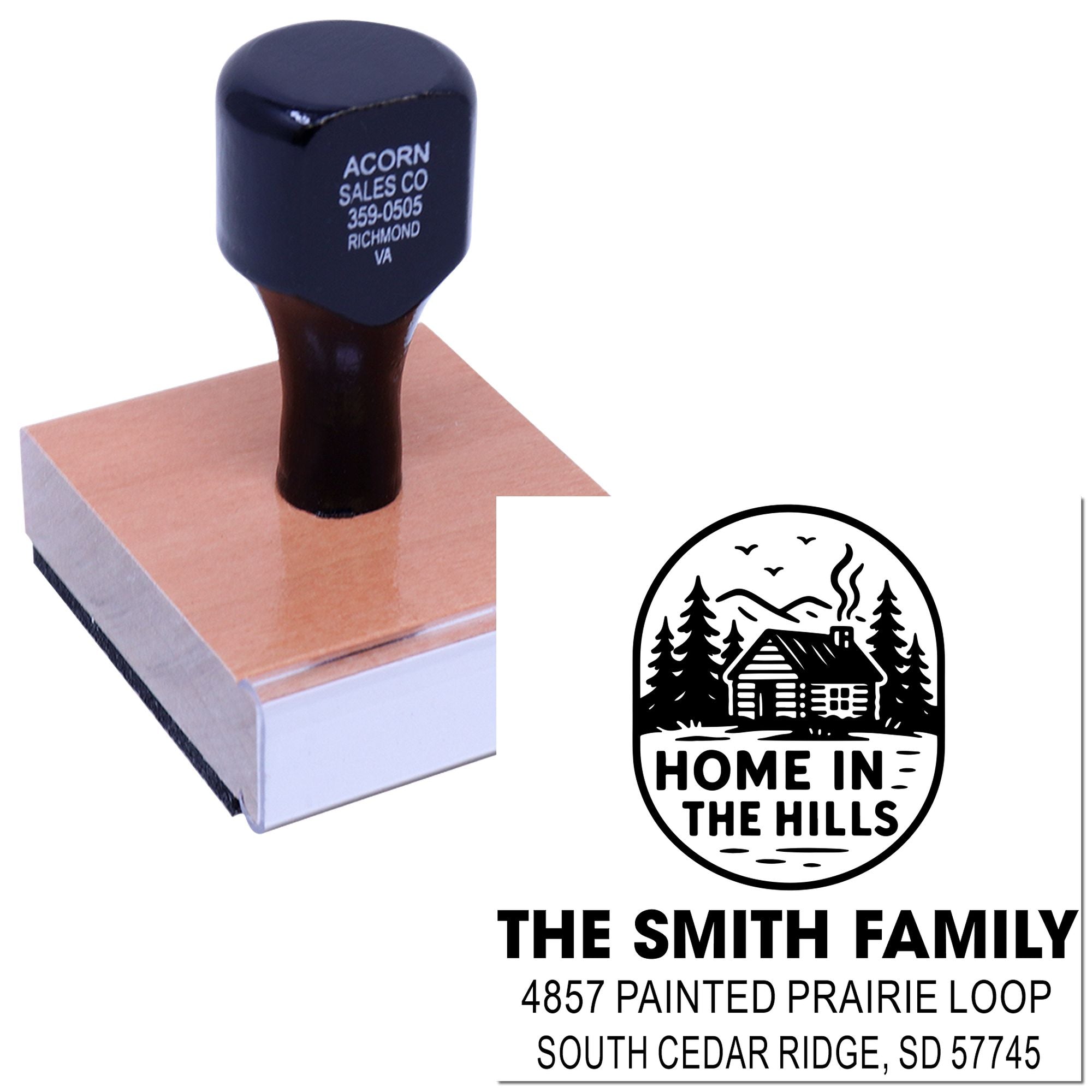 Custom return address rubber stamp with cabin design for family mail, envelopes, and housewarming gifts.
