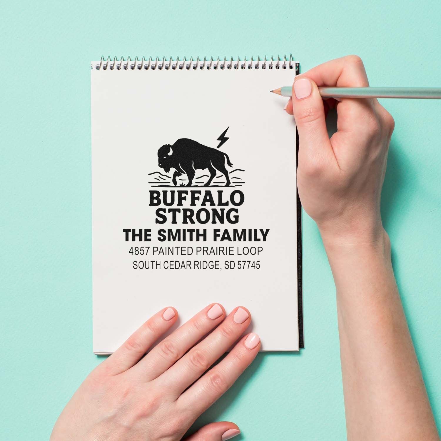 Personalized Buffalo Strong return address rubber stamp for The Smith Family, ideal for custom mailing and stationery.