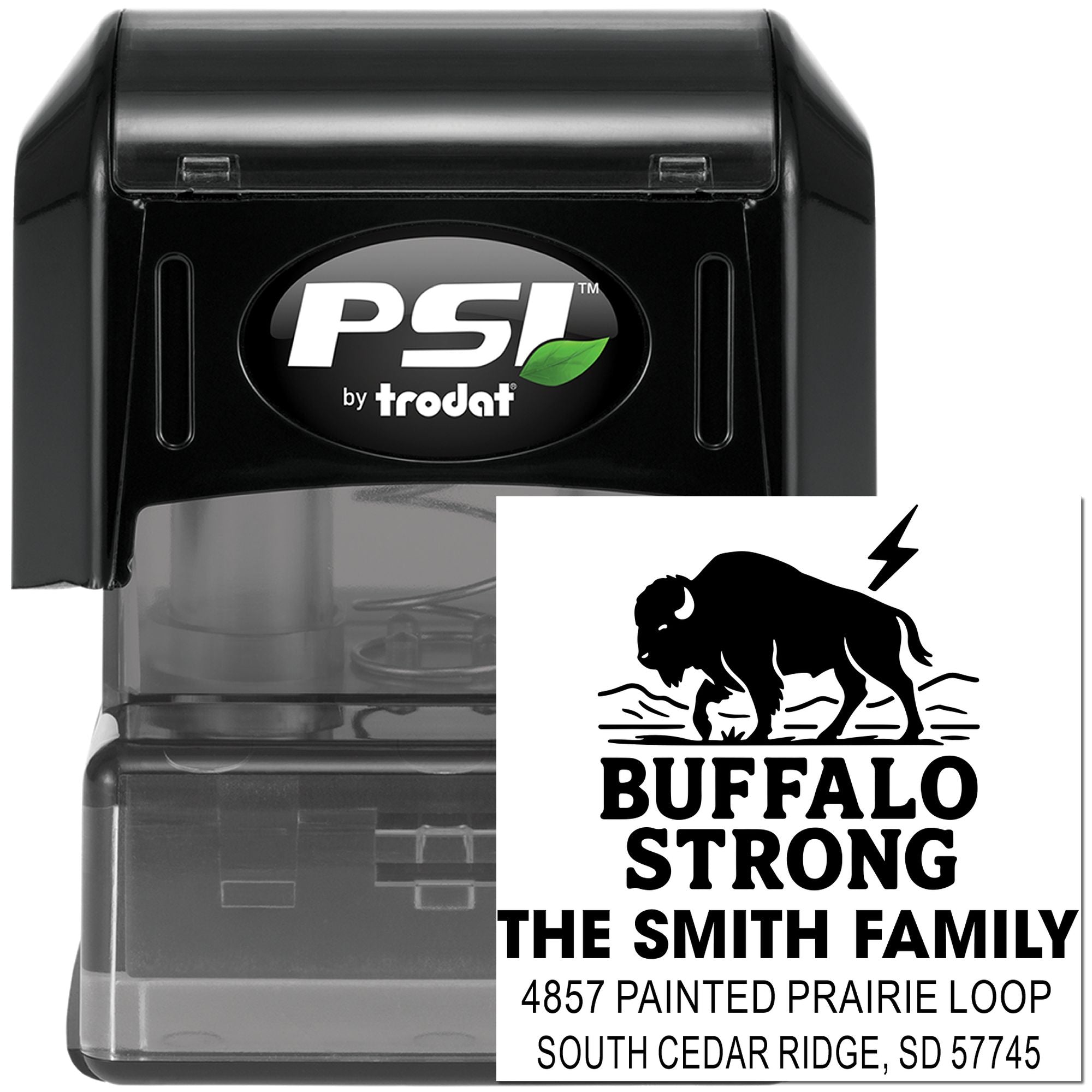 Personalized Buffalo Strong self-inking address stamp by PSI by Trodat for the Smith family home.