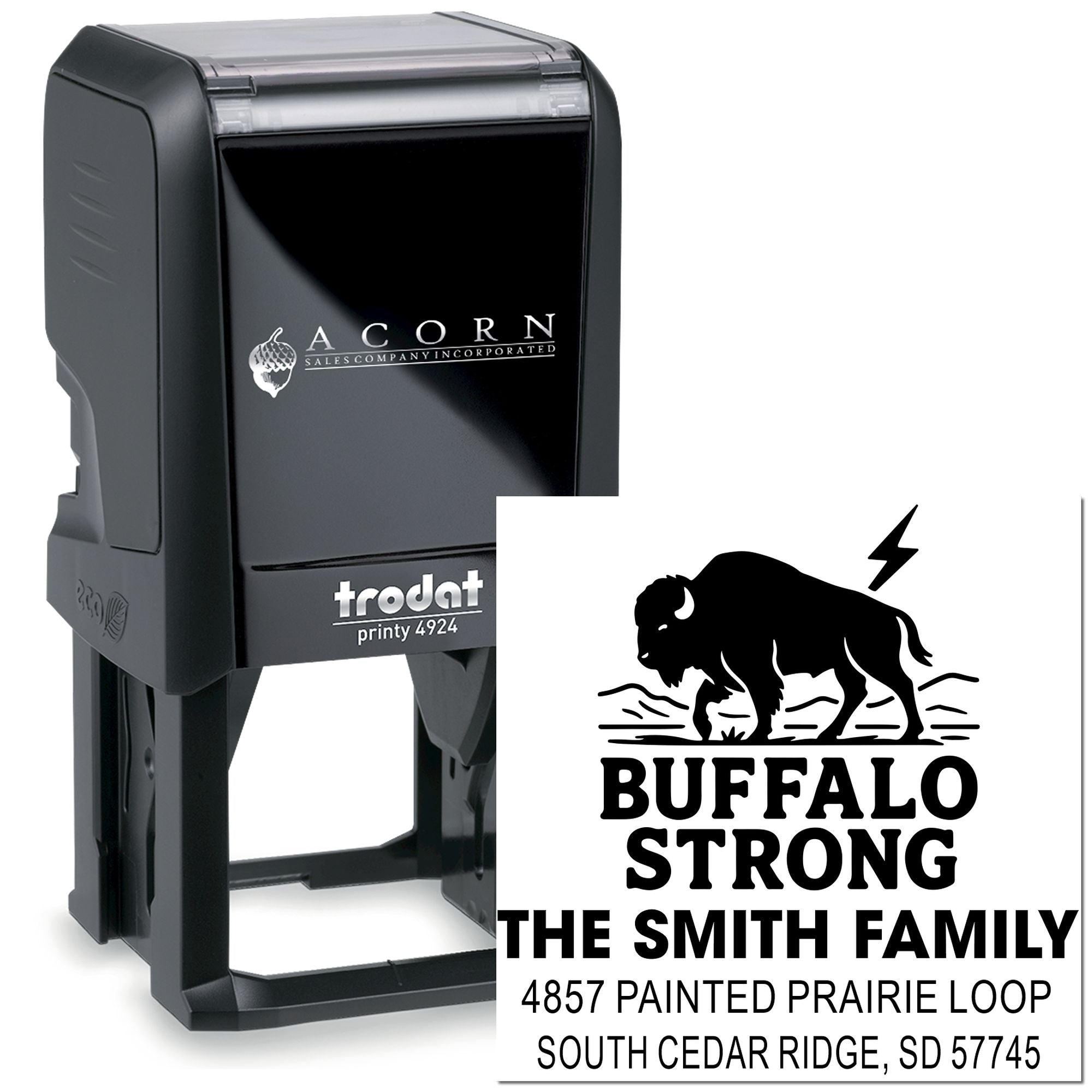 Trodat Printy 4924 custom self-inking rubber stamp with Buffalo Strong family address design for return address printing