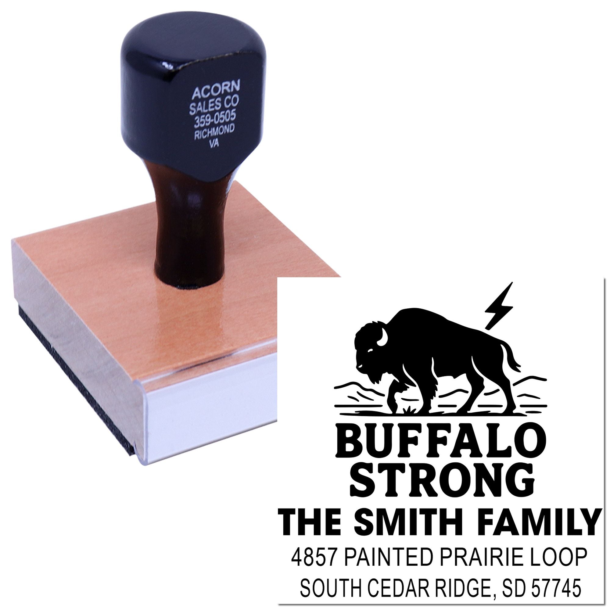 Custom Buffalo Strong return address rubber stamp with family name and mailing address for personalized envelopes.