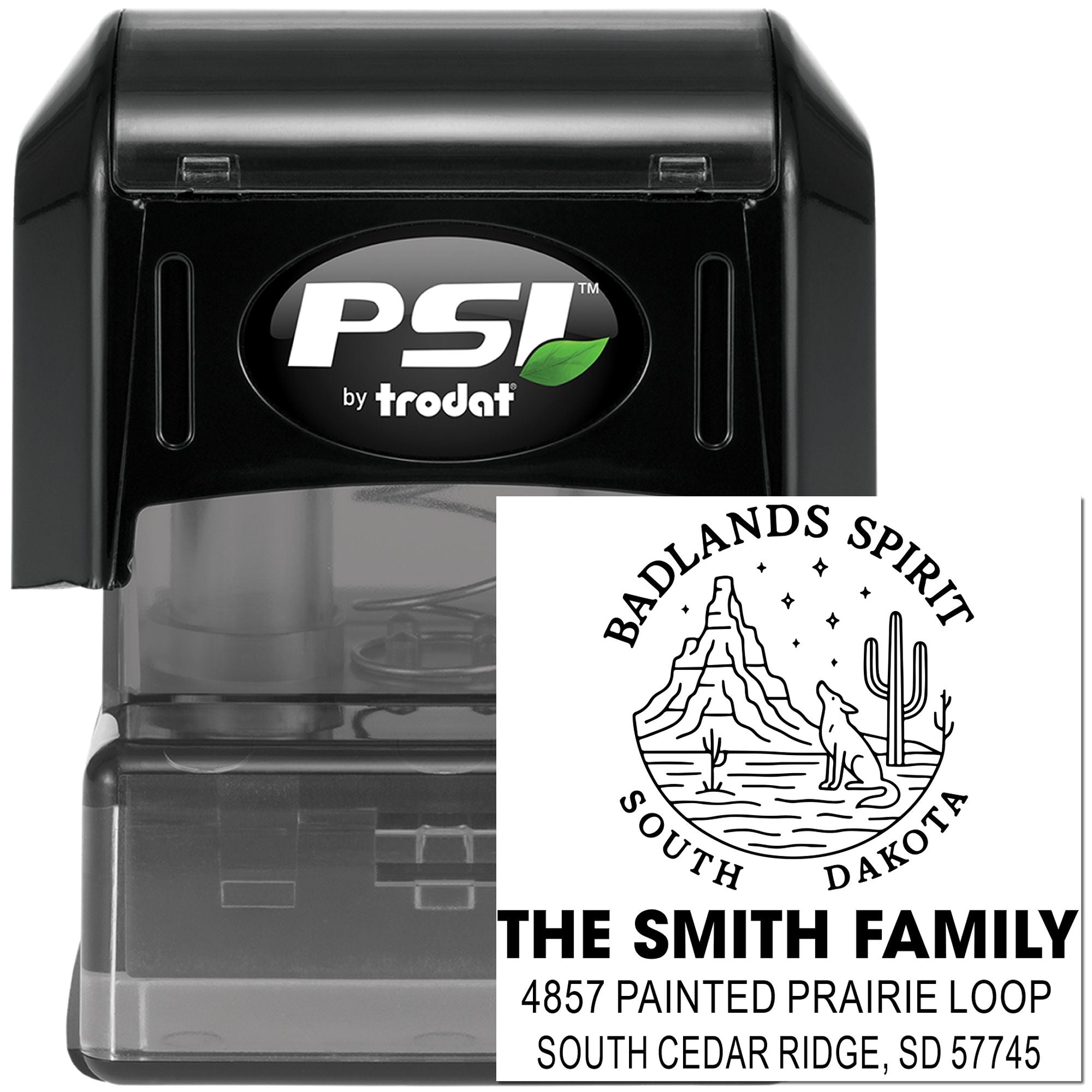 Custom self-inking rubber stamp with Badlands Spirit South Dakota family address design by PSI Trodat