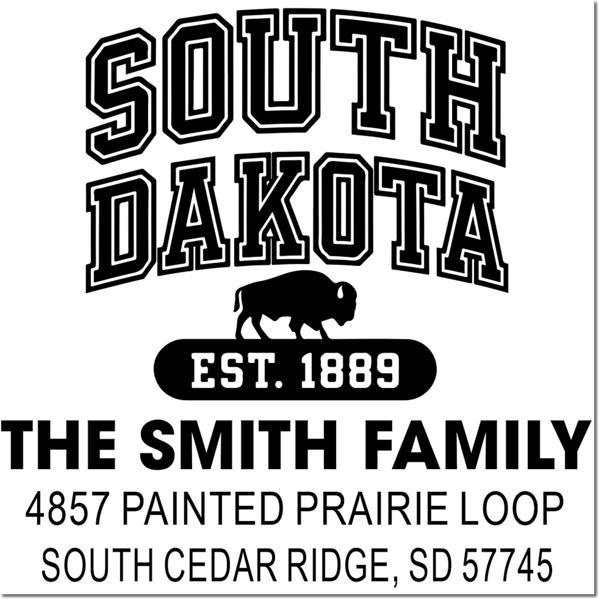 Custom South Dakota return address rubber stamp for The Smith Family with buffalo ranch design.