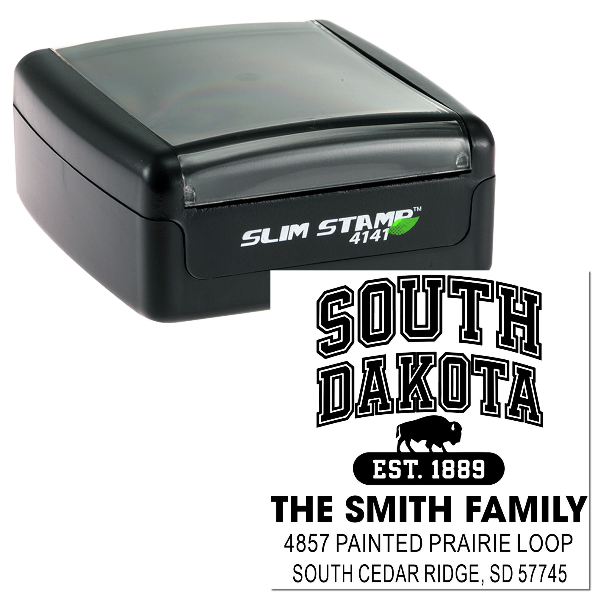 Slim Stamp 4141 custom self-inking rubber stamp with South Dakota family return address design