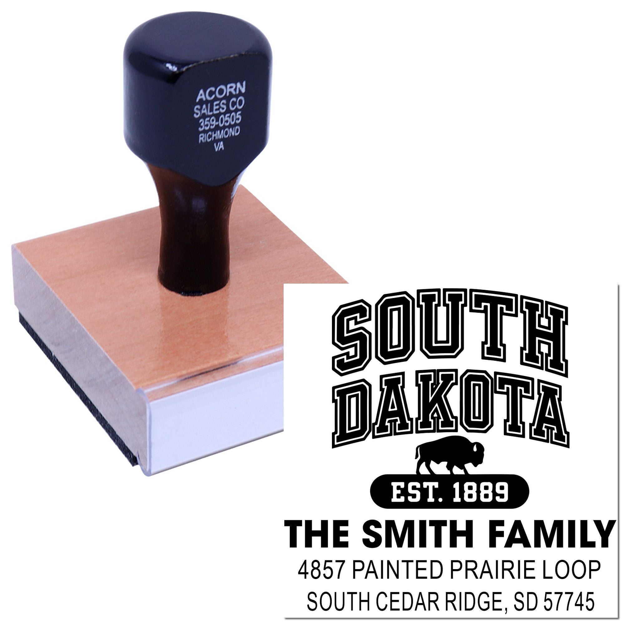 Custom rubber stamp for logo and return address imprint, ideal for business or family mailing needs