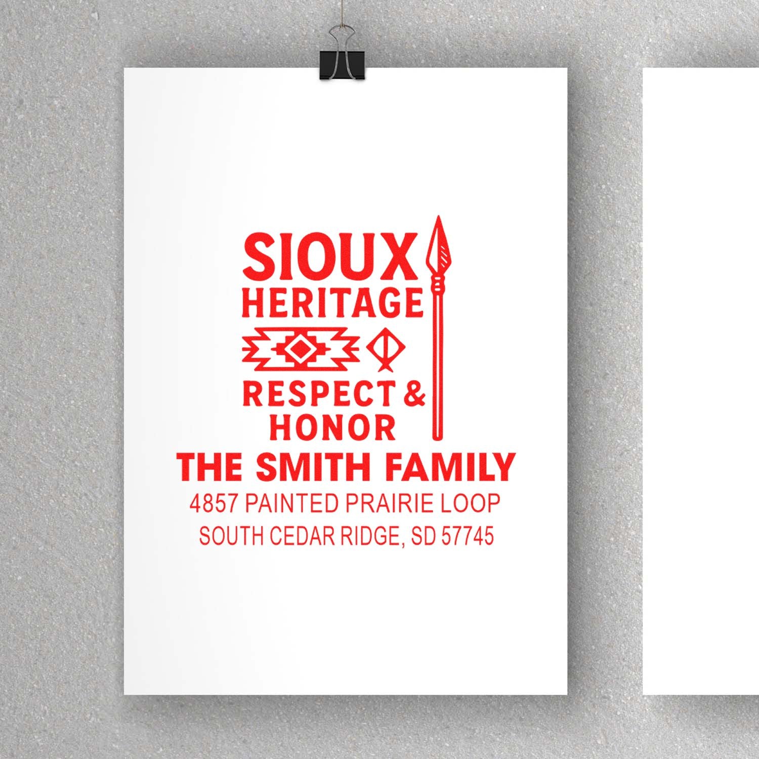 Personalized Sioux Heritage rubber stamp design for The Smith Family, with respect and honor message and address.