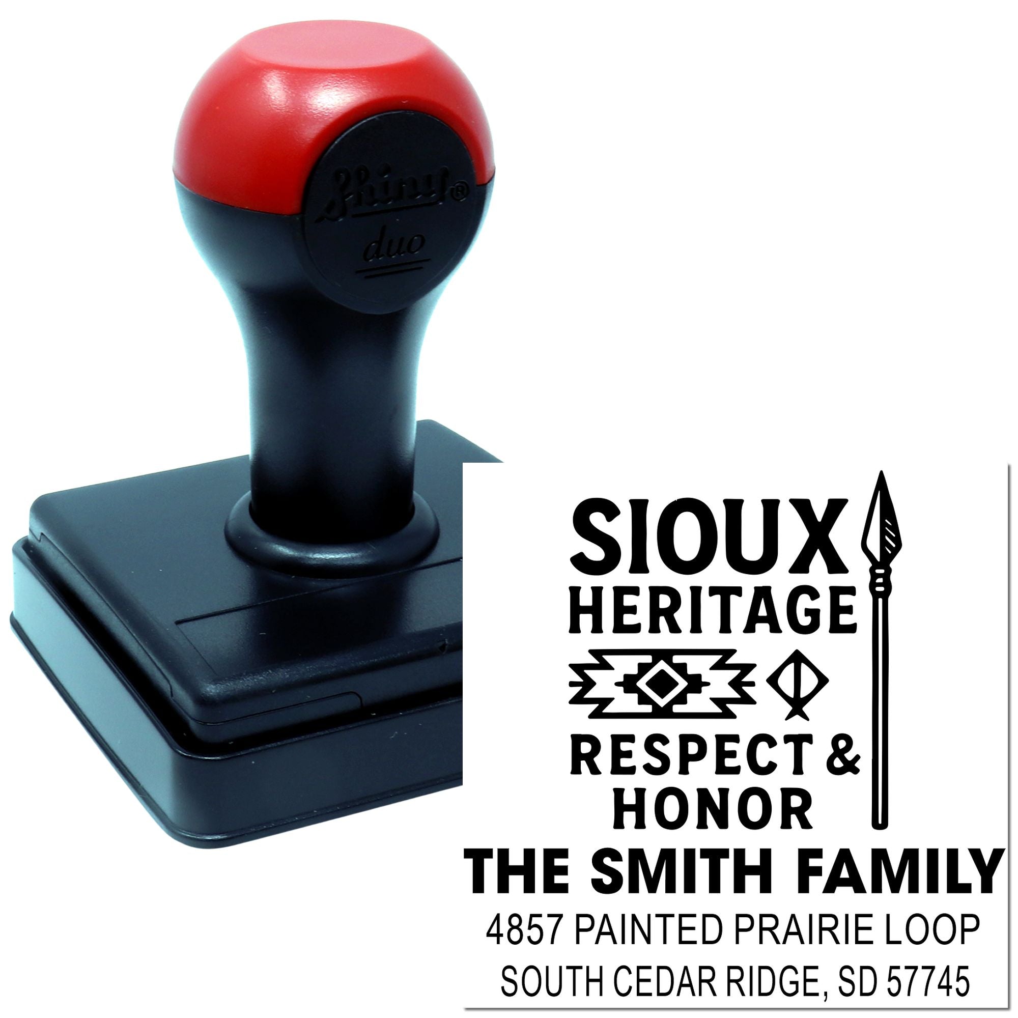 Sioux Heritage self-inking rubber stamp with custom family name, address, and Respect & Honor Native American design.