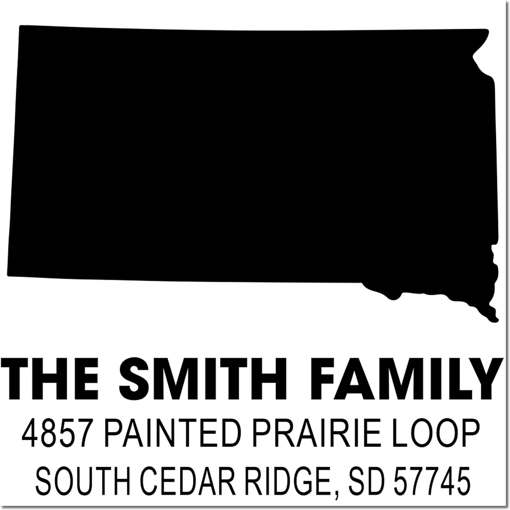 South Dakota address rubber stamp for The Smith Family, 4857 Painted Prairie Loop, South Cedar Ridge, SD 57745.